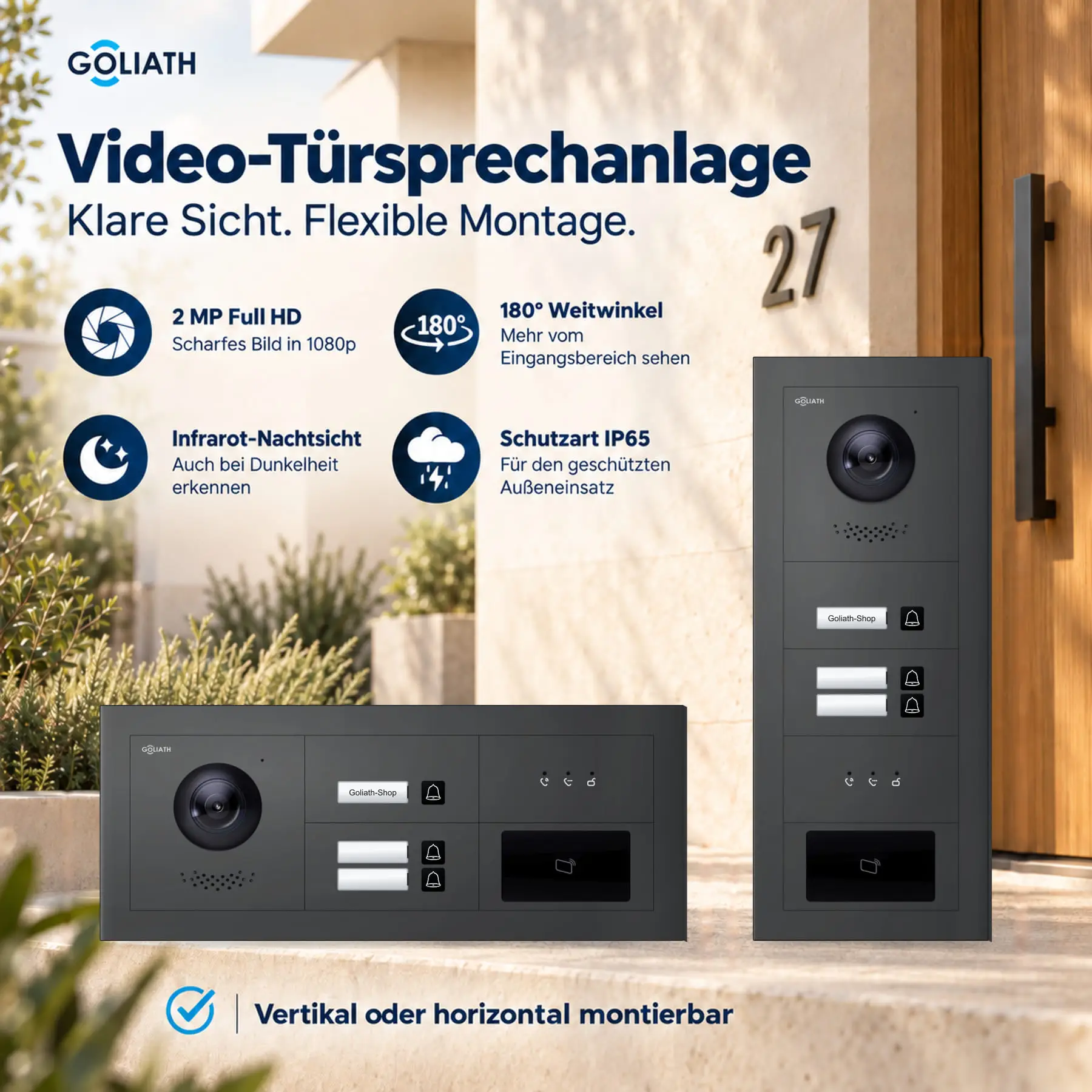 Goliath Premium-Line-Außenstation in Anthrazit mit Kamera, 3 Klingeltasten, RFID-Leser und Feedback-Anzeige. Senkrechte und waagerechte Anordnung auf Naturstein.