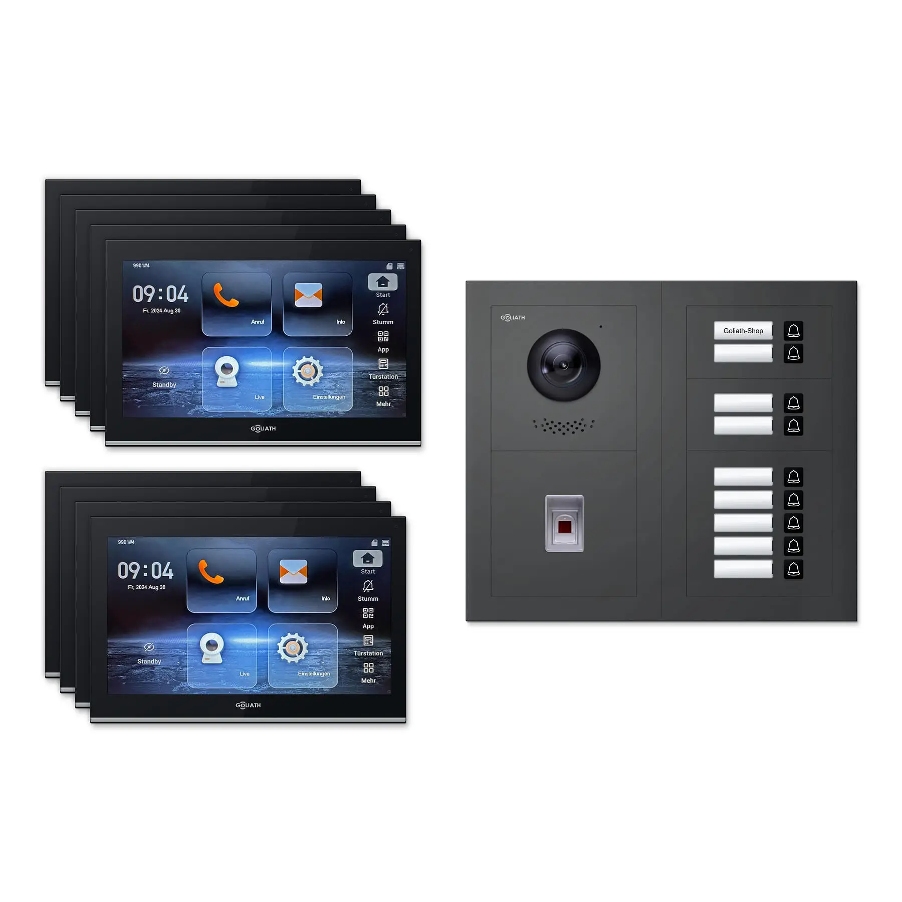 Goliath Video Türsprechanlage GL-IPH930A.3 für 9-Familienhaus: 9 Monitore mit 10 Zoll in Schwarz, Außenstation in Anthrazit mit 9 Klingeltasten sowie Fingerprint. Set für Aufputzmontage.