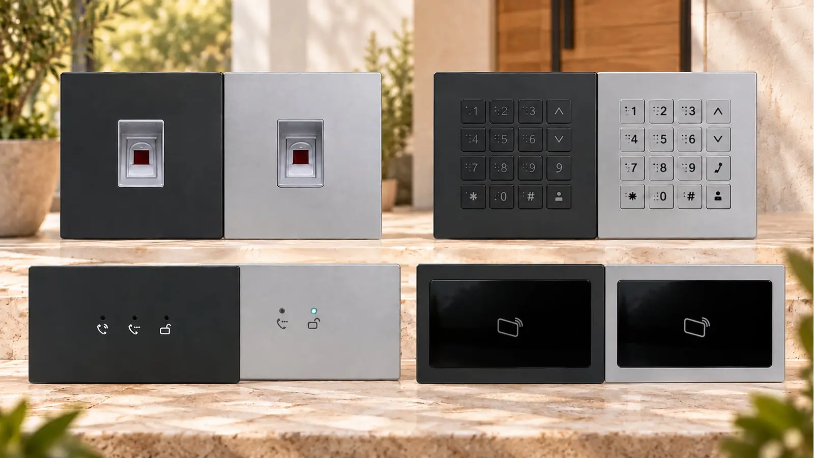 Fingerprint-, Zahlencode-, Feedback- und RFID-Module in Anthrazit und Silber; beide RFID-Module im gleichen rechteckigen Format