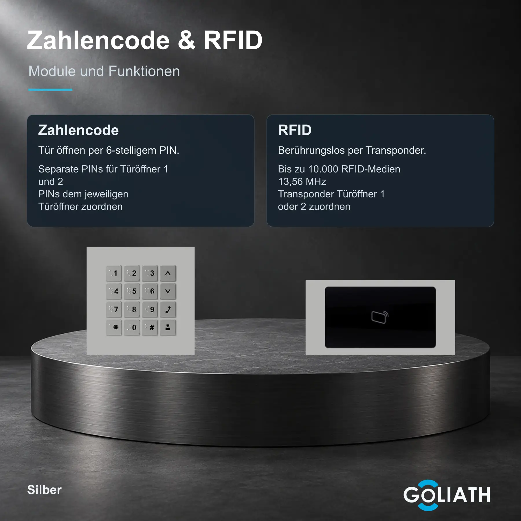 Zahlencode-Tastatur und RFID-Leser für die Goliath Türsprechanlage in Silber: Türöffnung per PIN und berührungslose Türöffnung per Transponder.