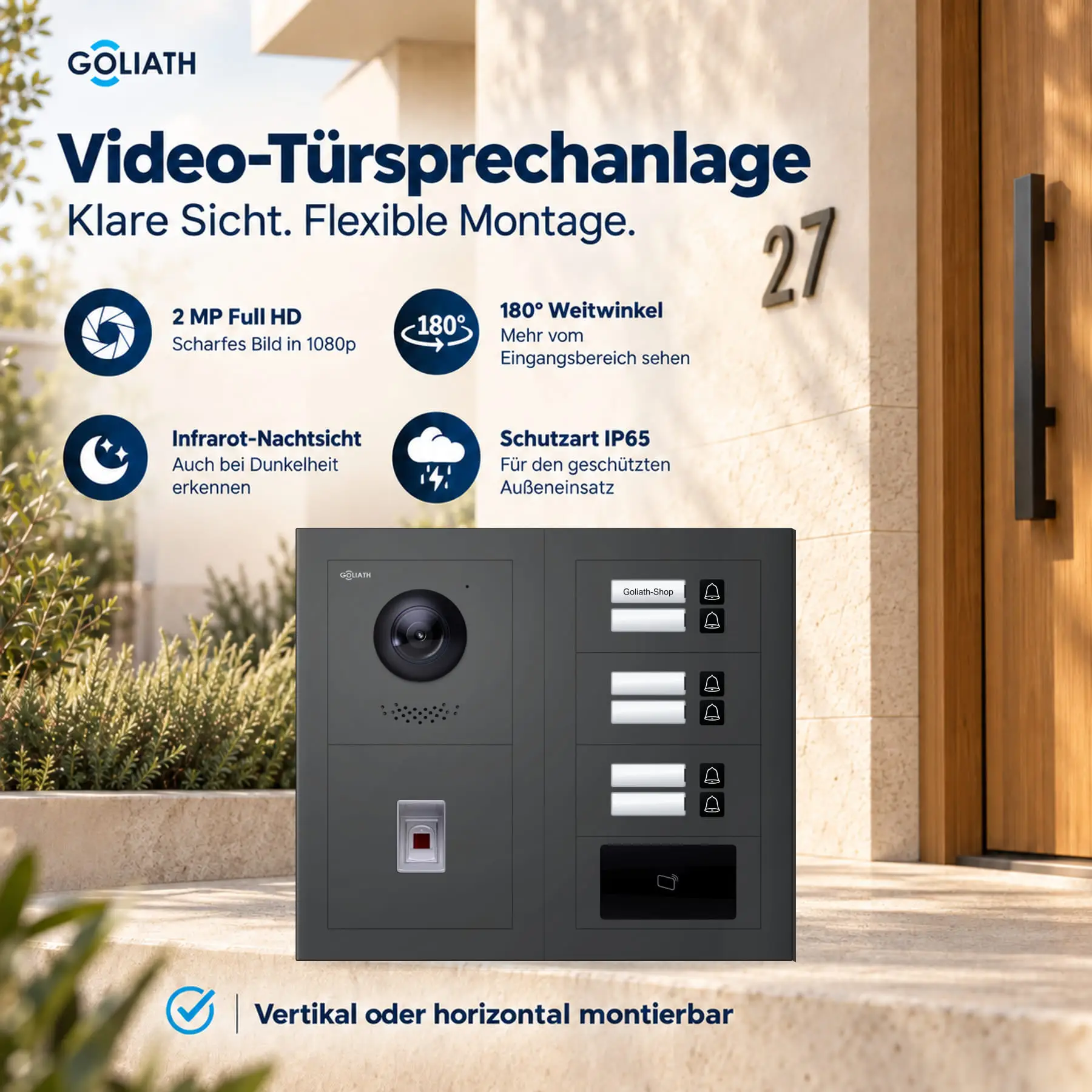 Goliath Premium-Line-Außenstation in Anthrazit mit Kamera, 6 Klingeltasten, Fingerprint-Modul und RFID-Leser. Zwei aufrechte Modulspalten nebeneinander auf Naturstein.