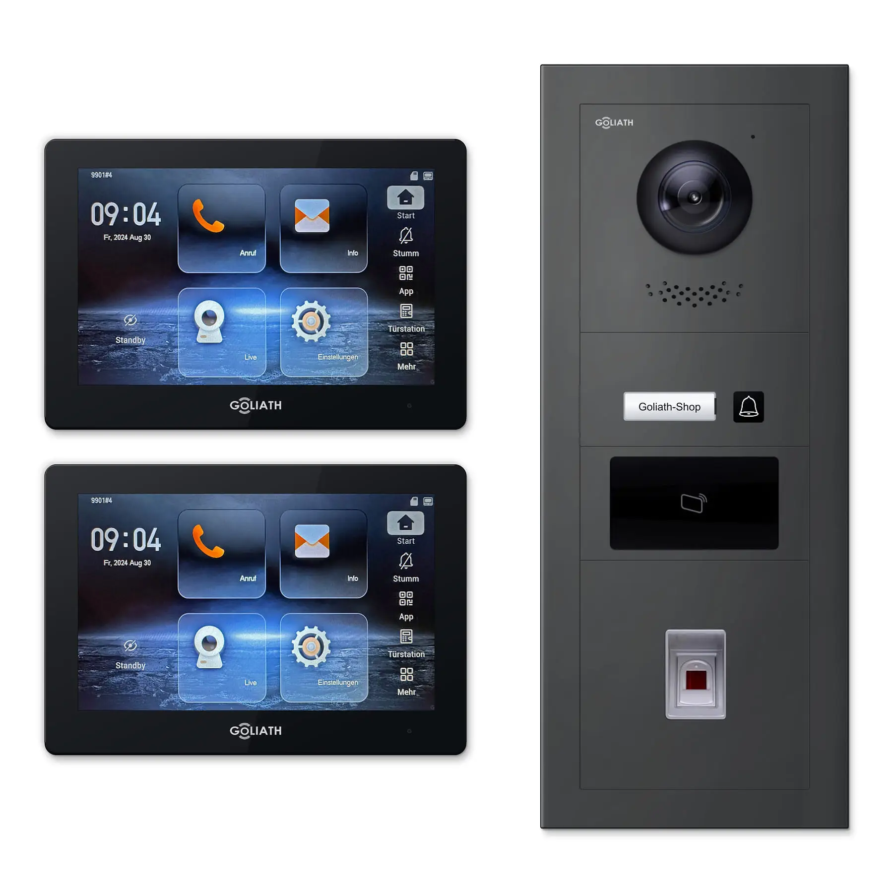 Goliath Video Türsprechanlage GL-IPH146A.6 für 1-Familienhaus: 2 Monitore mit 7 Zoll in Schwarz, Außenstation in Anthrazit mit 1 Klingeltaste sowie RFID, Fingerprint. Set für Aufputzmontage.