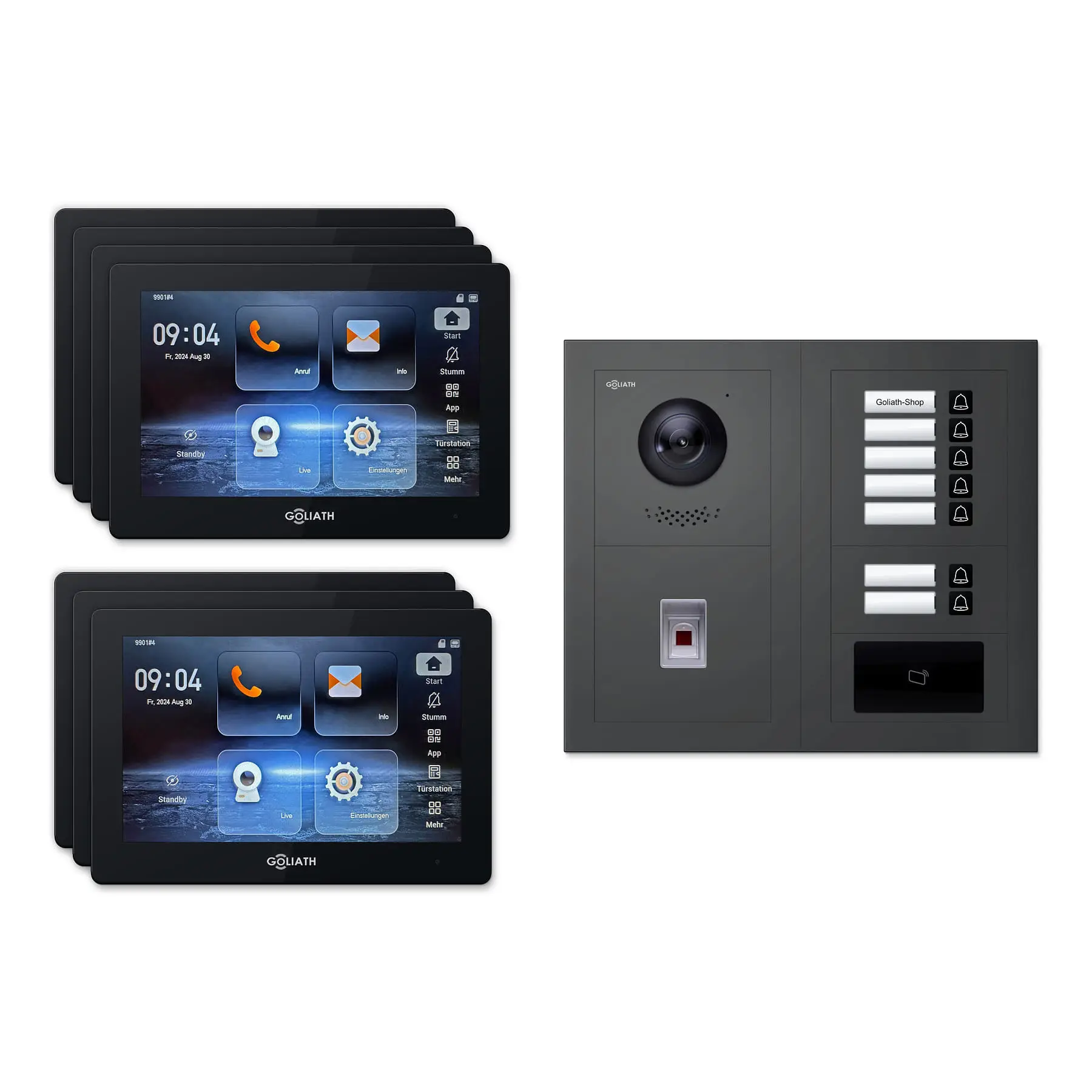 Goliath Türsprechanlage mit Kamera GL-HB740A.2 für 7-Familienhaus: 7 Monitore mit 7 Zoll in Schwarz, Außenstation in Anthrazit mit 7 Klingeltasten sowie RFID, Fingerprint. Set für Unterputzmontage.