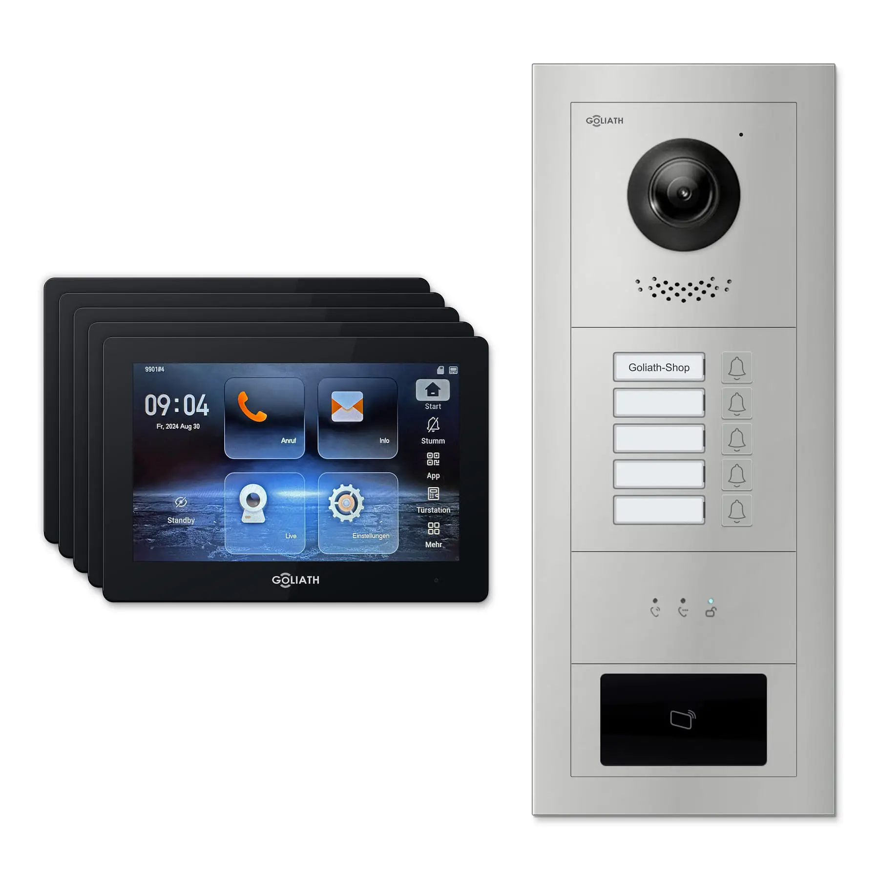 Goliath Video Türsprechanlage GL-IPH515.2 für 5-Familienhaus: 5 Monitore mit 7 Zoll in Schwarz, Außenstation in Silber mit 5 Klingeltasten sowie Statusanzeige, RFID. Set für Unterputzmontage.