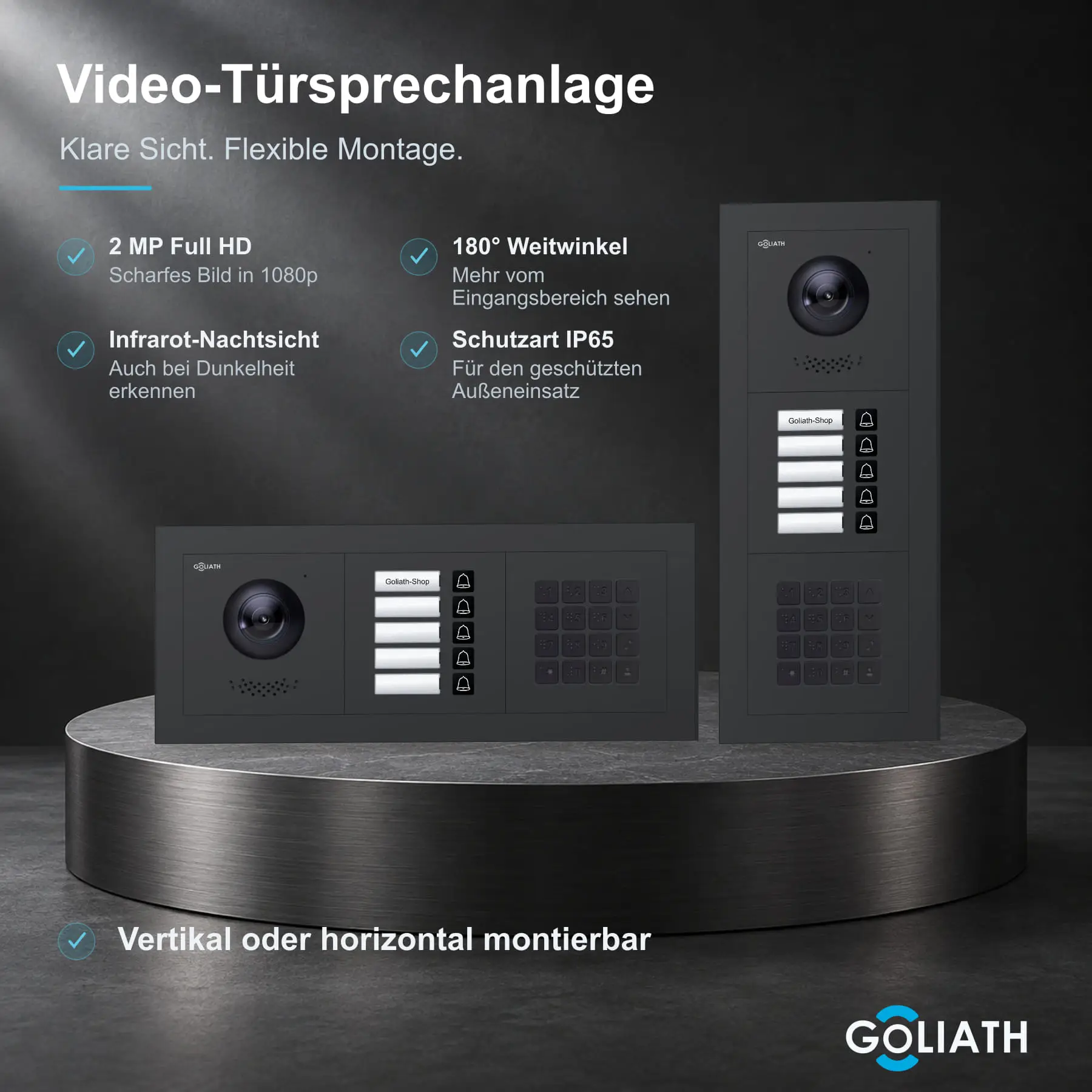 Goliath Premium-Line-Außenstation in Anthrazit mit Kamera, 5 Klingeltasten und Zahlencode-Tastatur. Senkrechte und waagerechte Anordnung auf Naturstein.