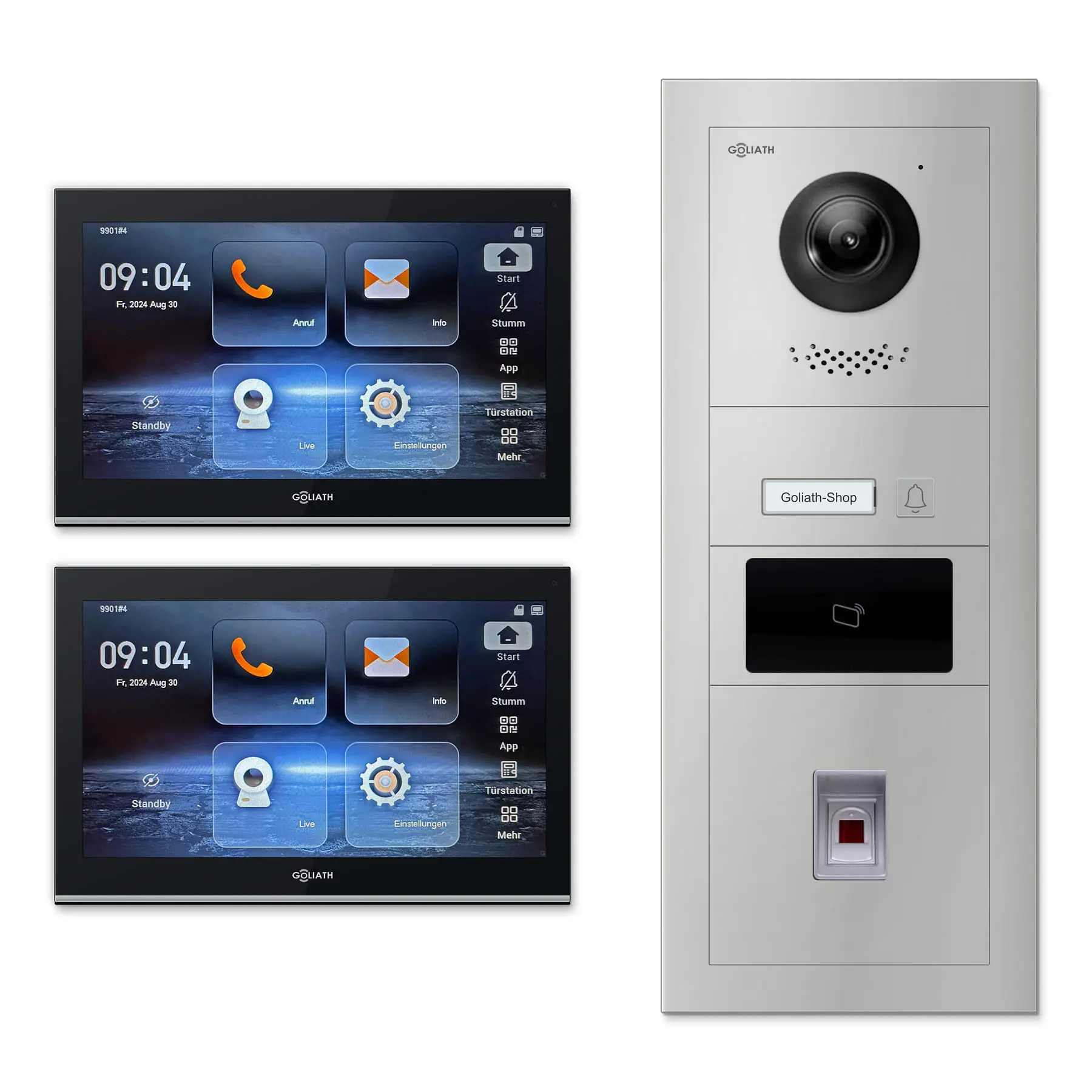 Goliath Video Türsprechanlage GL-IPH141.4 für 1-Familienhaus: 2 Monitore mit 10 Zoll in Schwarz, Außenstation in Silber mit 1 Klingeltaste sowie RFID, Fingerprint. Set für Unterputzmontage.