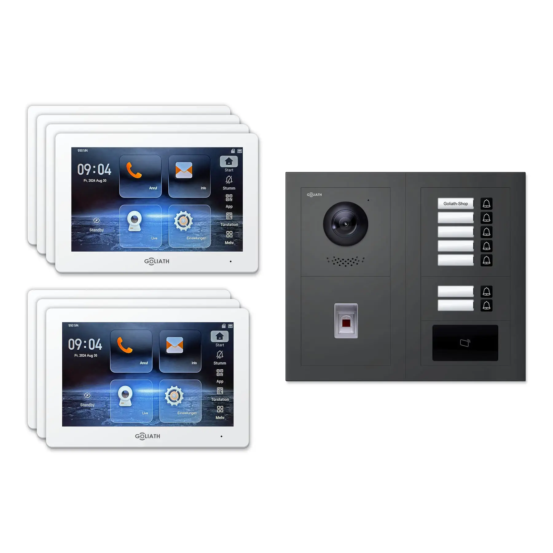 Goliath Video Türsprechanlage GL-IPH745A für 7-Familienhaus: 7 Monitore mit 7 Zoll in Weiß, Außenstation in Anthrazit mit 7 Klingeltasten sowie RFID, Fingerprint. Set für Unterputzmontage.