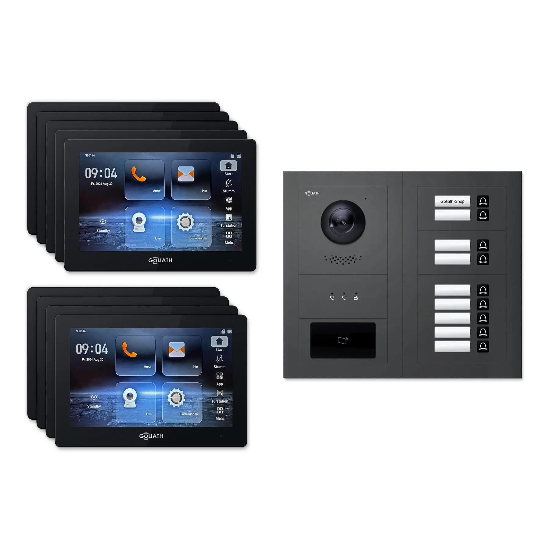 Goliath Video Türsprechanlage GL-IPH915A.2 für 9-Familienhaus: 9 Monitore mit 7 Zoll in Schwarz, Außenstation in Anthrazit mit 9 Klingeltasten sowie Statusanzeige, RFID. Set für Unterputzmontage.