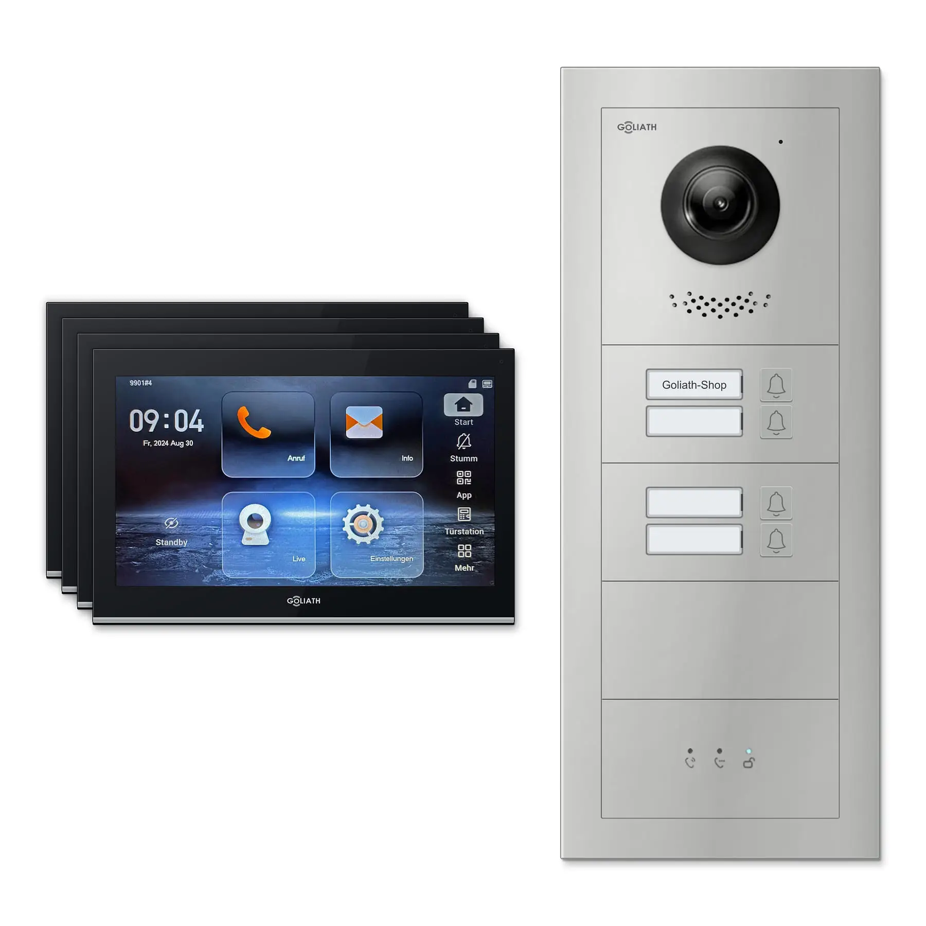 Goliath Video Türsprechanlage GL-IPH440.2 für 4-Familienhaus: 4 Monitore mit 10 Zoll in Schwarz, Außenstation in Silber mit 4 Klingeltasten sowie Statusanzeige. Set für Unterputzmontage.