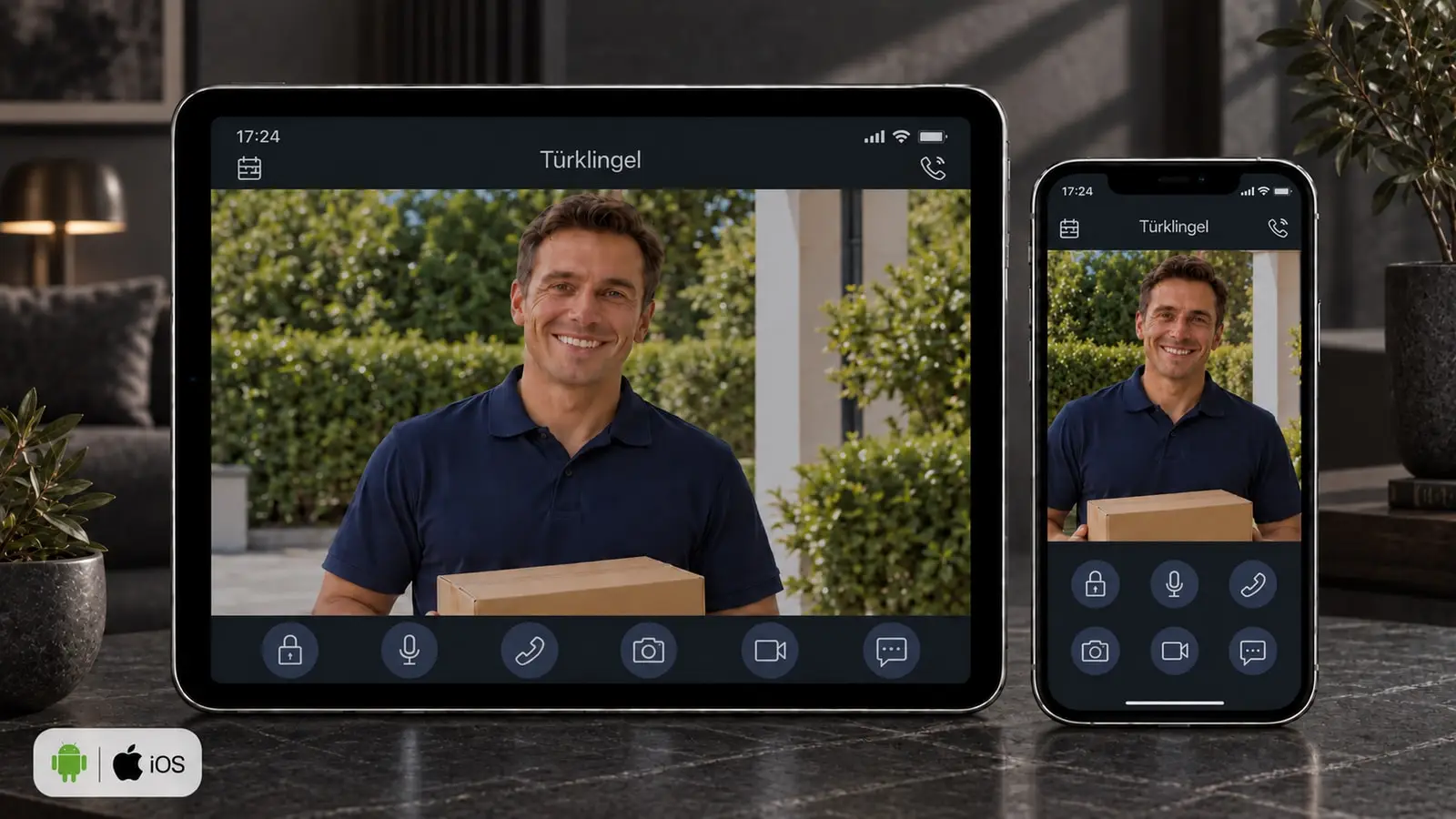 Tablet und Smartphone mit Besucherbild und Android- und iOS-Symbolen in einem dunklen Wohnraum