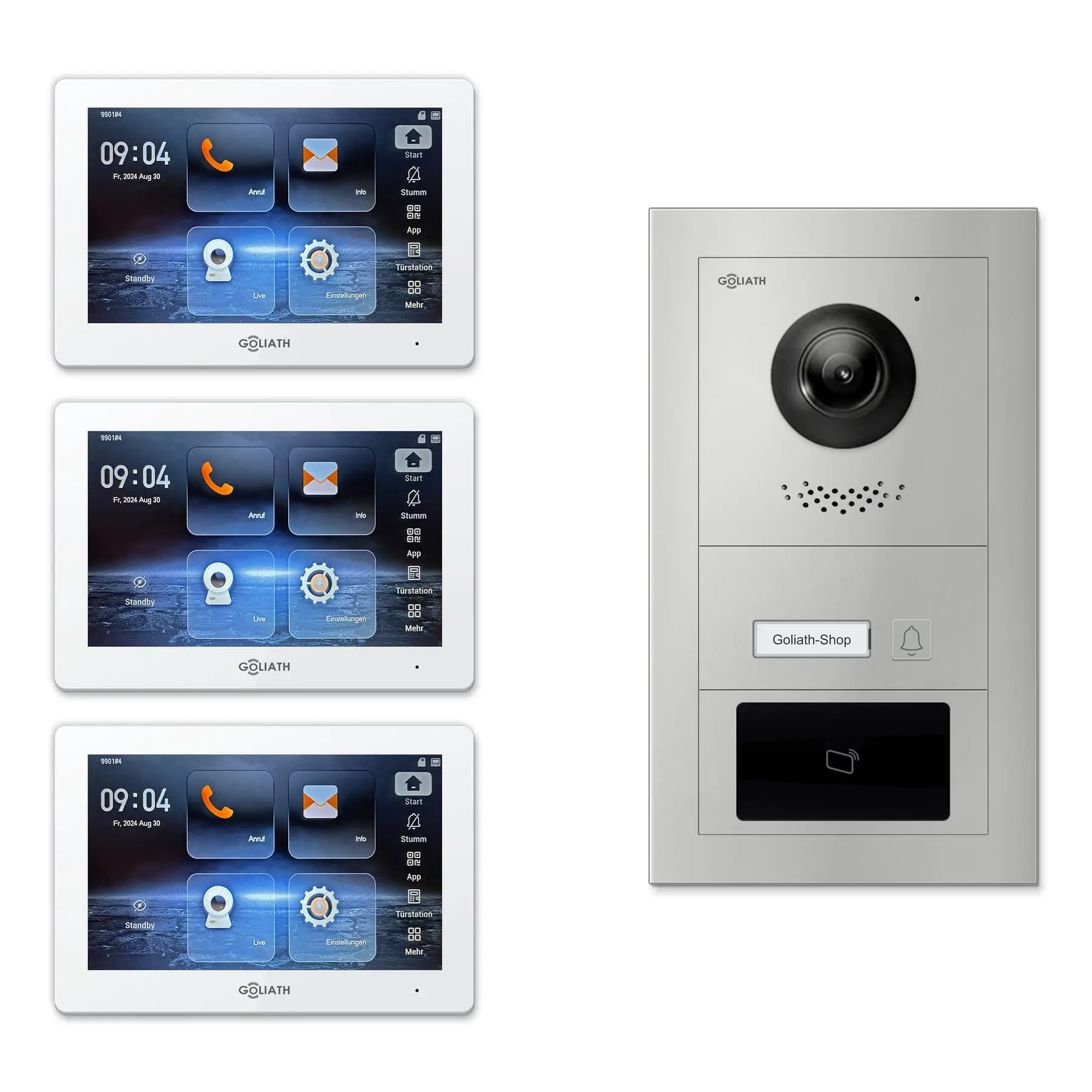 Goliath Türsprechanlage mit Kamera GL-HB112 für 1-Familienhaus: 3 Monitore mit 7 Zoll in Weiß, Außenstation in Silber mit 1 Klingeltaste sowie RFID. Set für Unterputzmontage.
