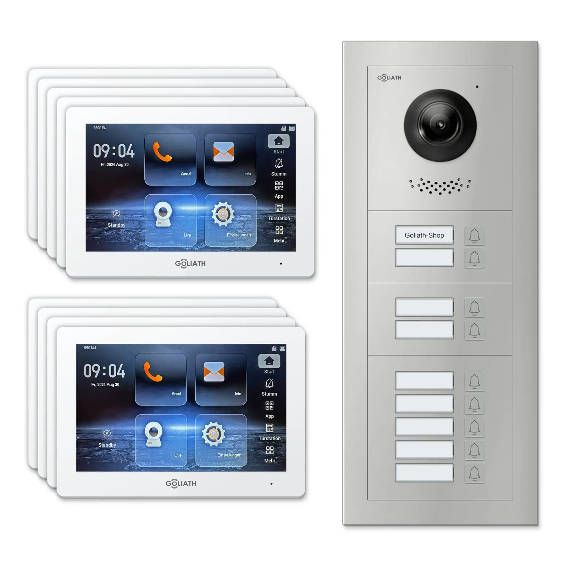 Goliath Video Türsprechanlage GL-IPH905 für 9-Familienhaus: 9 Monitore mit 7 Zoll in Weiß, Außenstation in Silber mit 9 Klingeltasten. Set für Unterputzmontage.