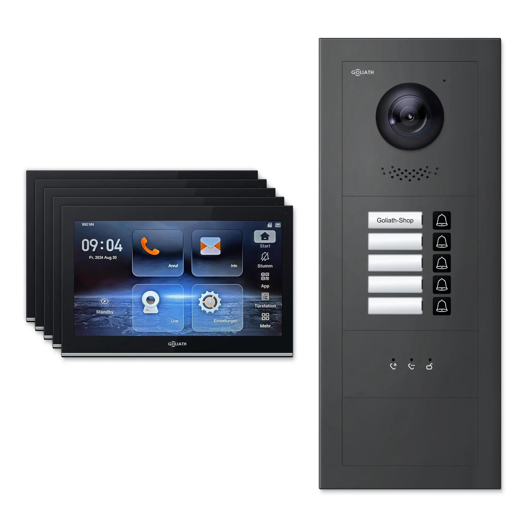 Goliath Video Türsprechanlage GL-IPH540A.2 für 5-Familienhaus: 5 Monitore mit 10 Zoll in Schwarz, Außenstation in Anthrazit mit 5 Klingeltasten sowie Statusanzeige. Set für Unterputzmontage.