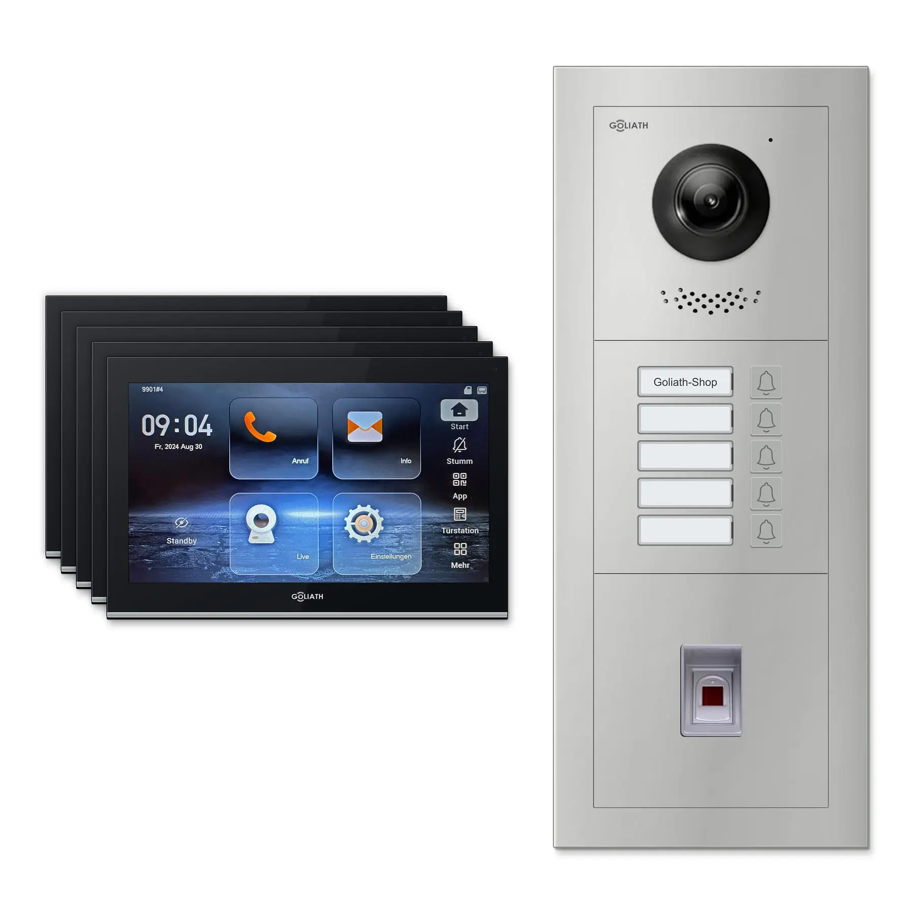 Goliath Video Türsprechanlage GL-IPH530.2 für 5-Familienhaus: 5 Monitore mit 10 Zoll in Schwarz, Außenstation in Silber mit 5 Klingeltasten sowie Fingerprint. Set für Unterputzmontage.