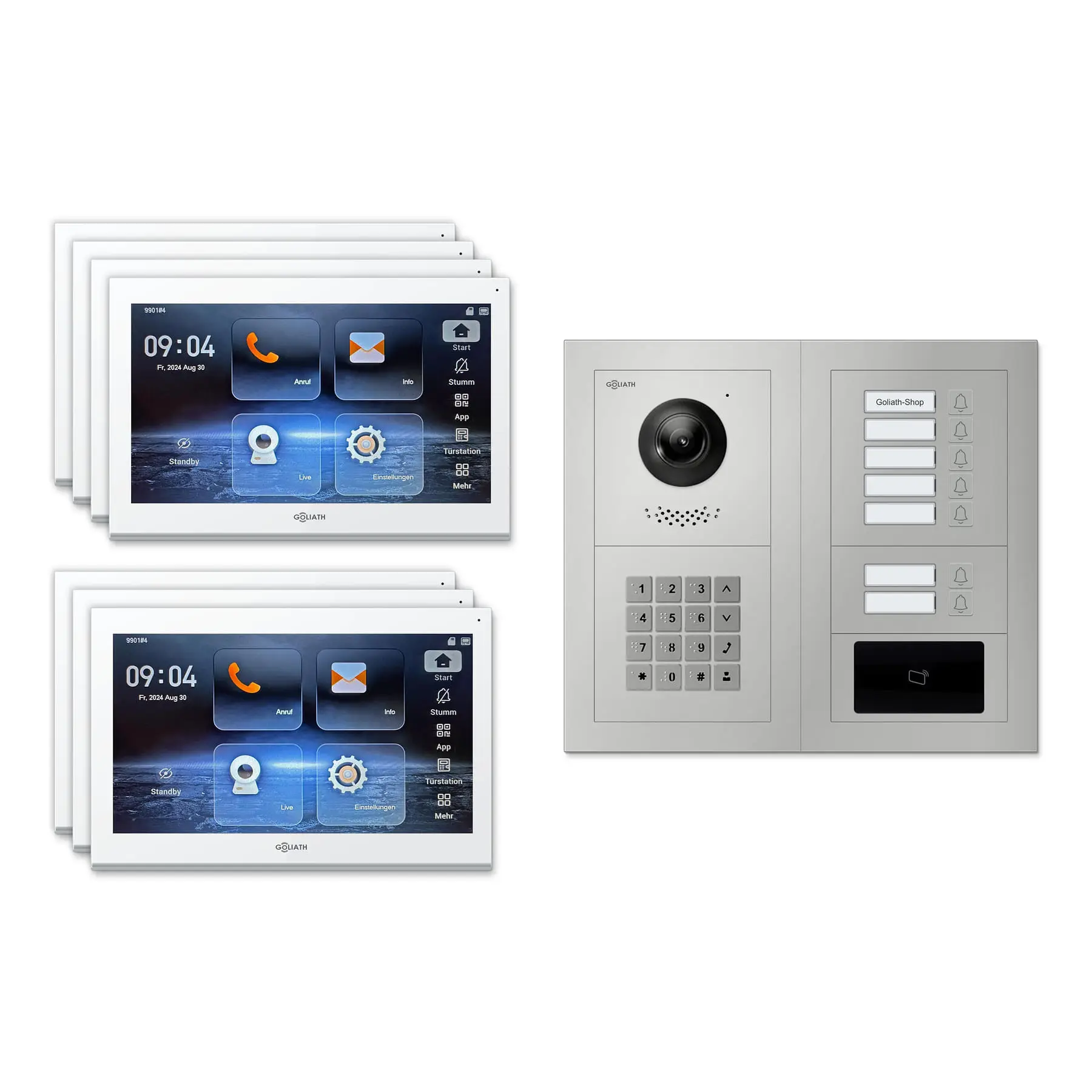 Goliath Video Türsprechanlage GL-IPH720 für 7-Familienhaus: 7 Monitore mit 10 Zoll in Weiß, Außenstation in Silber mit 7 Klingeltasten sowie RFID, Zahlencode. Set für Unterputzmontage.