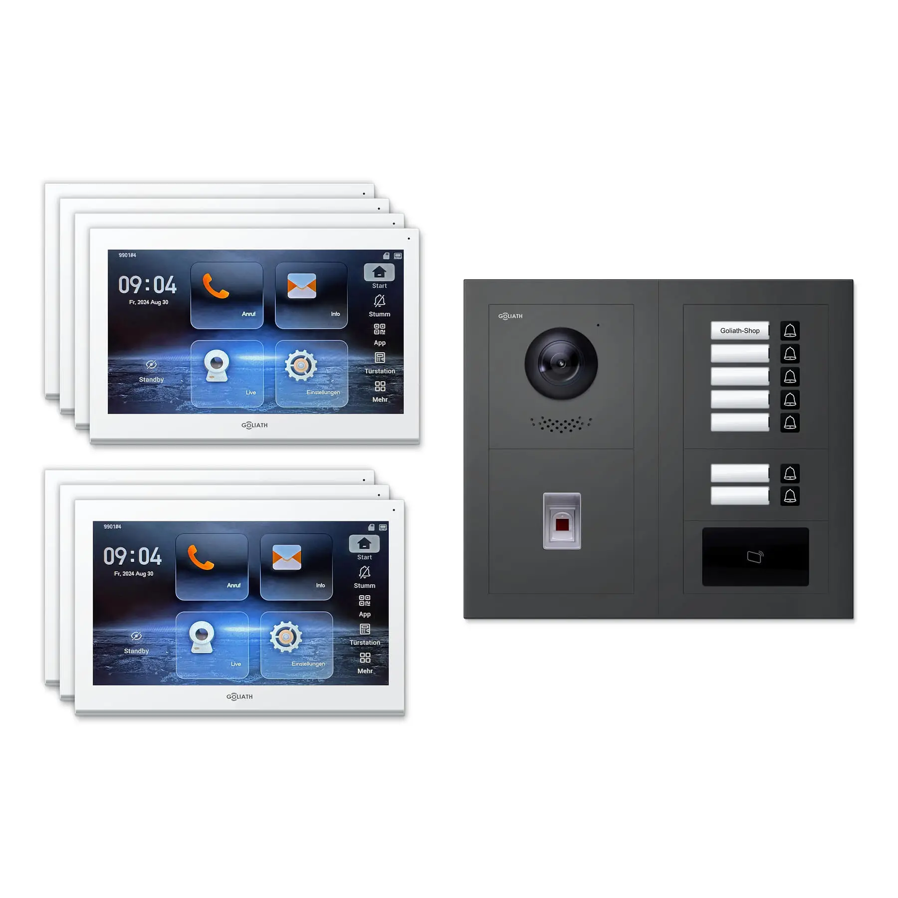 Goliath Video Türsprechanlage GL-IPH740A für 7-Familienhaus: 7 Monitore mit 10 Zoll in Weiß, Außenstation in Anthrazit mit 7 Klingeltasten sowie RFID, Fingerprint. Set für Unterputzmontage.