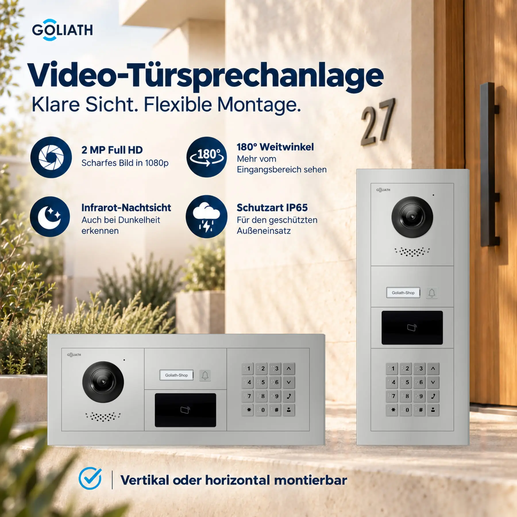 Goliath Premium-Line-Außenstation in Silber mit Kamera, 1 Klingeltaste, Zahlencode-Tastatur und RFID-Leser. Senkrechte und waagerechte Anordnung auf Naturstein.