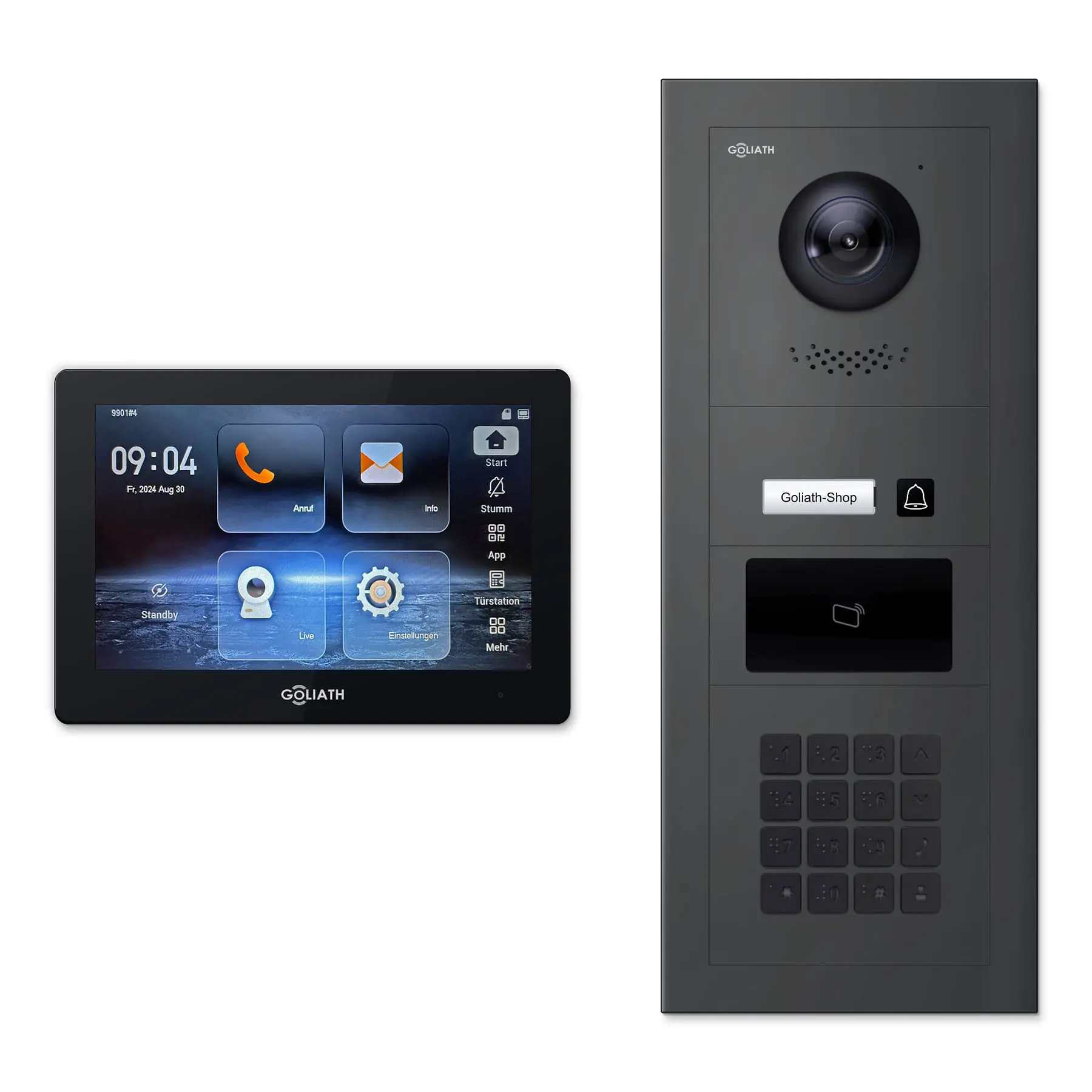 Goliath Video Türsprechanlage GL-IPH155A.6 für 1-Familienhaus: 1 Monitor mit 7 Zoll in Schwarz, Außenstation in Anthrazit mit 1 Klingeltaste sowie RFID, Zahlencode. Set für Aufputzmontage.