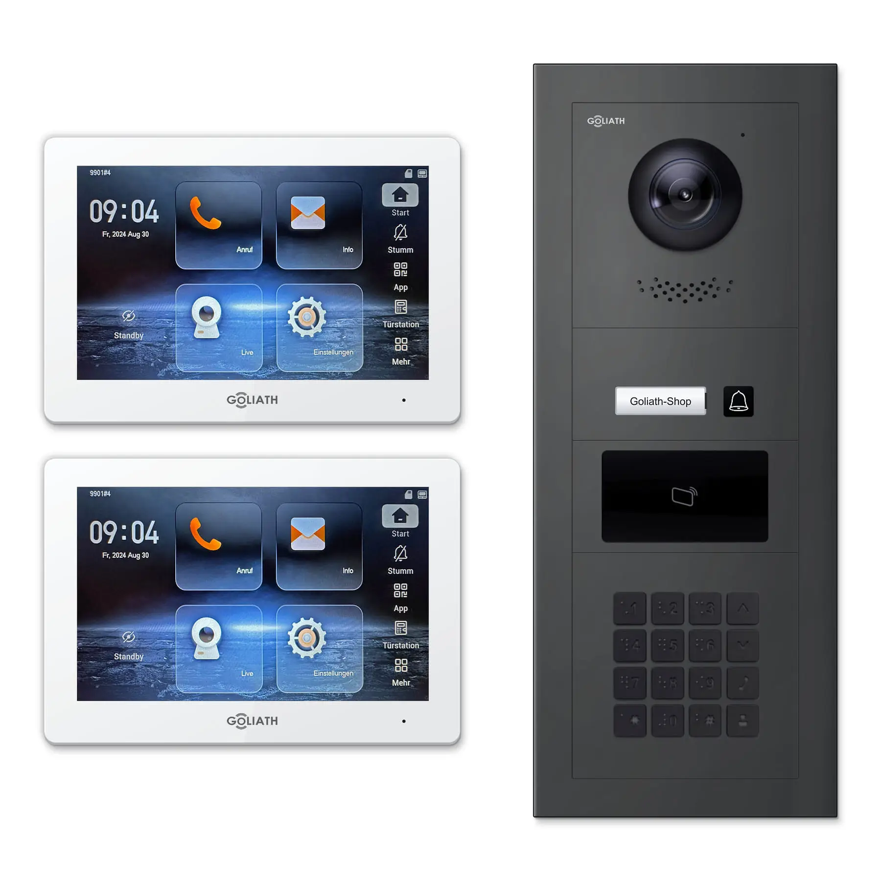 Goliath Türsprechanlage mit Kamera GL-HB151A für 1-Familienhaus: 2 Monitore mit 7 Zoll in Weiß, Außenstation in Anthrazit mit 1 Klingeltaste sowie RFID, Zahlencode. Set für Unterputzmontage.