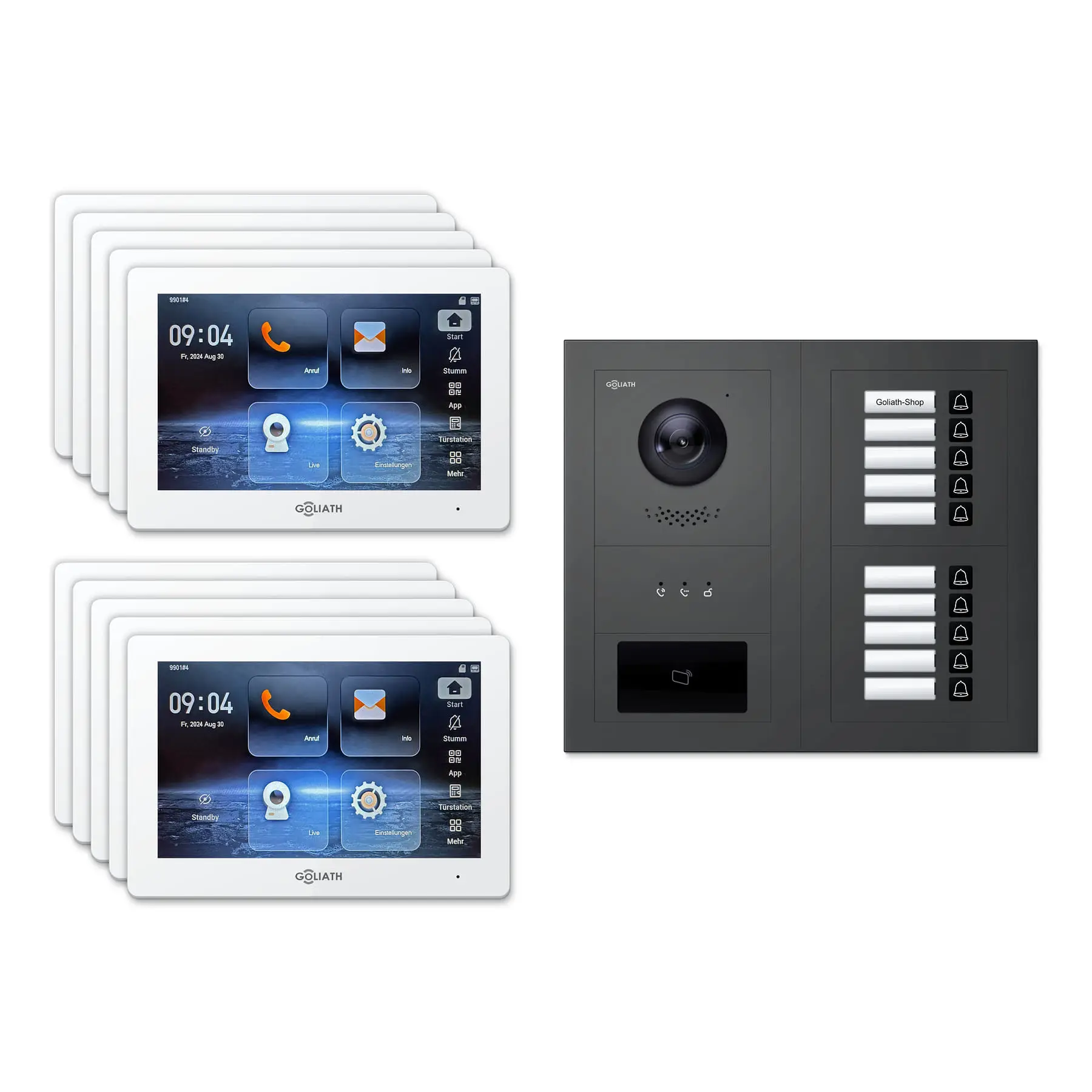 Goliath Video Türsprechanlage GL-IPH1015A für 10-Familienhaus: 10 Monitore mit 7 Zoll in Weiß, Außenstation in Anthrazit mit 10 Klingeltasten sowie Statusanzeige, RFID. Set für Unterputzmontage.