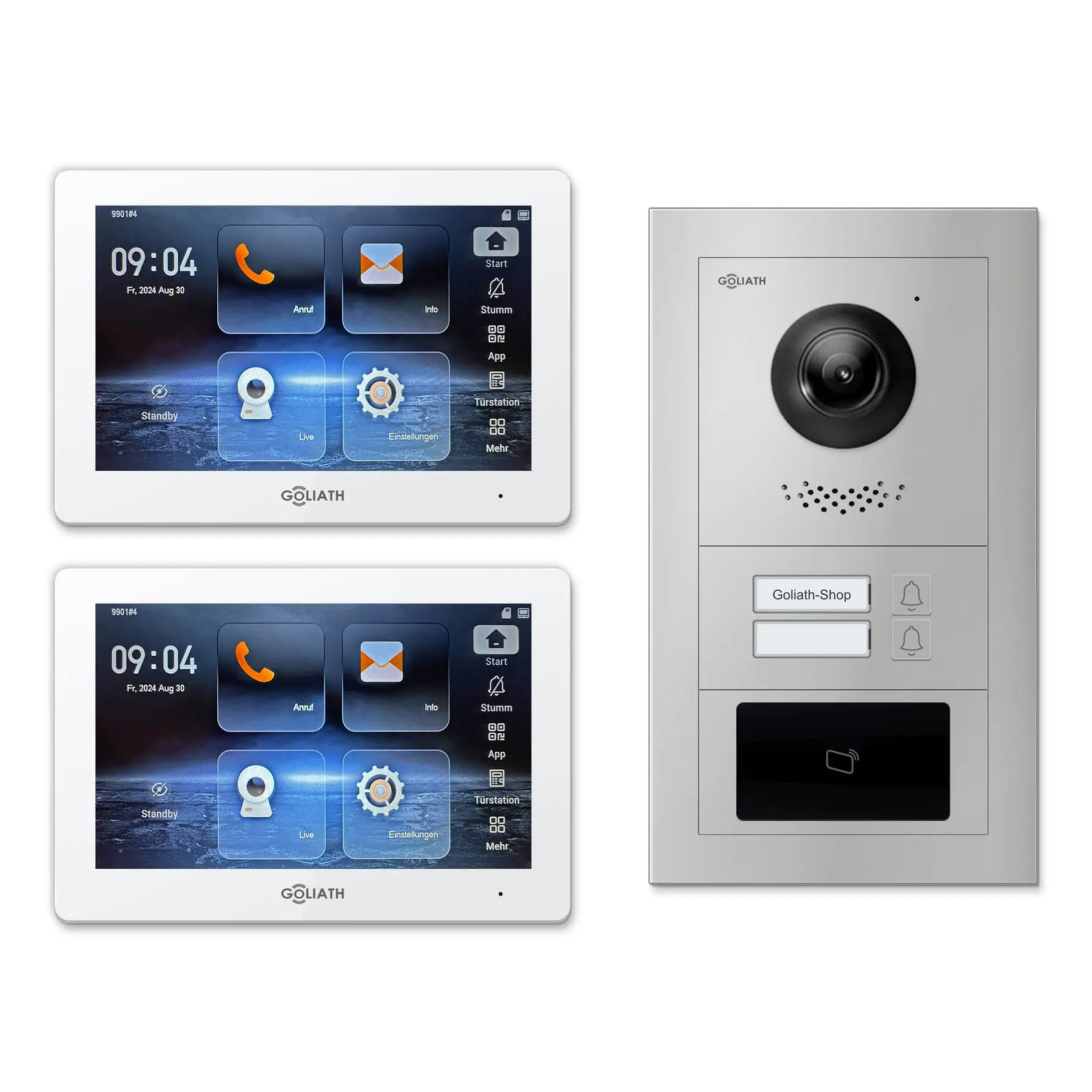 Goliath Video Türsprechanlage GL-IPH215.2 für 2-Familienhaus: 2 Monitore mit 7 Zoll in Weiß, Außenstation in Silber mit 2 Klingeltasten sowie RFID. Set für Aufputzmontage.