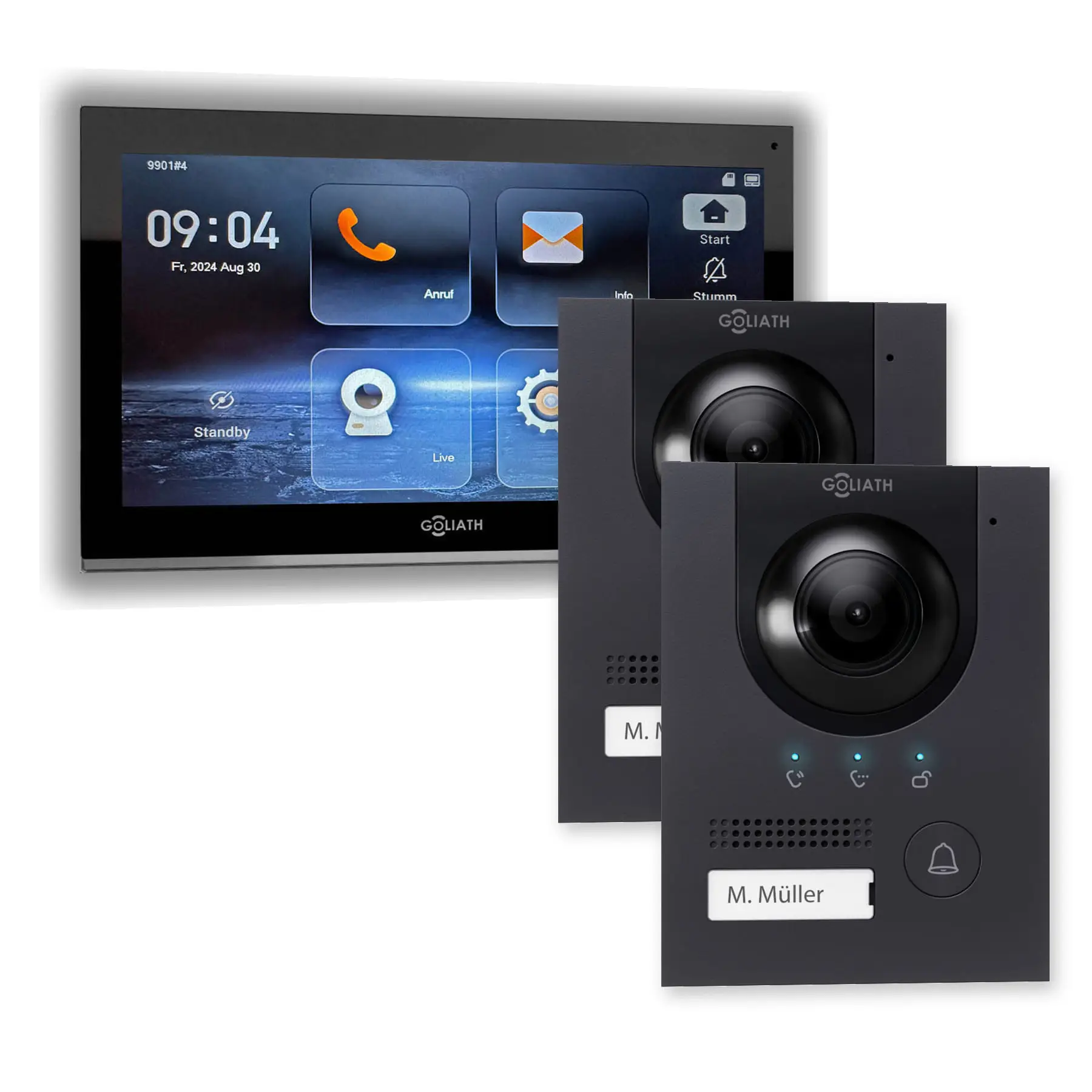 Goliath IP-Set mit zwei anthrazitfarbenen Kompakt-Außenstationen und 1 schwarzem 10-Zoll-Innenmonitor.