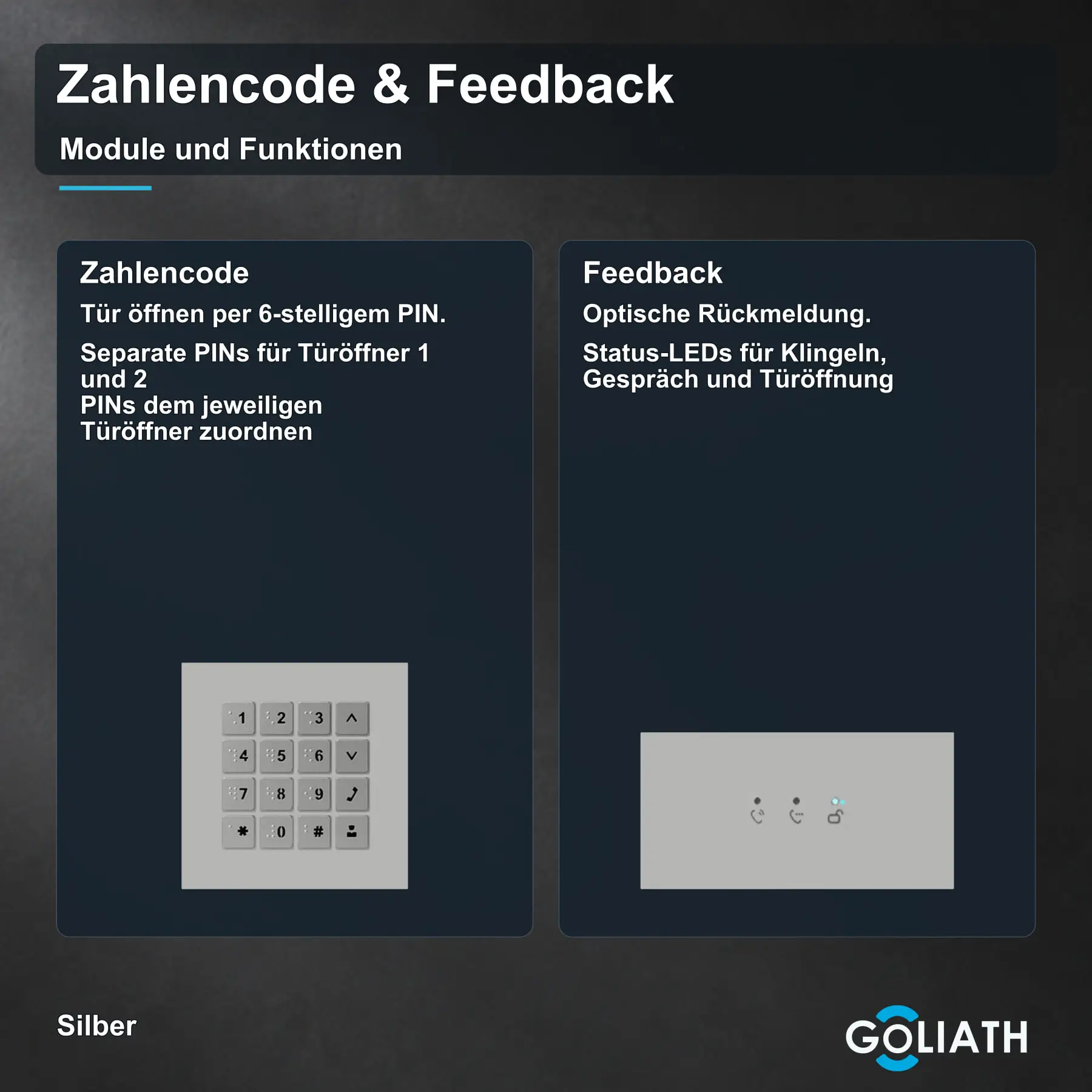 Zahlencode-Tastatur und Feedback-Anzeige für die Goliath Türsprechanlage in Silber: Türöffnung per PIN und optische Rückmeldung zu Klingeln, Gespräch und Türöffnung.