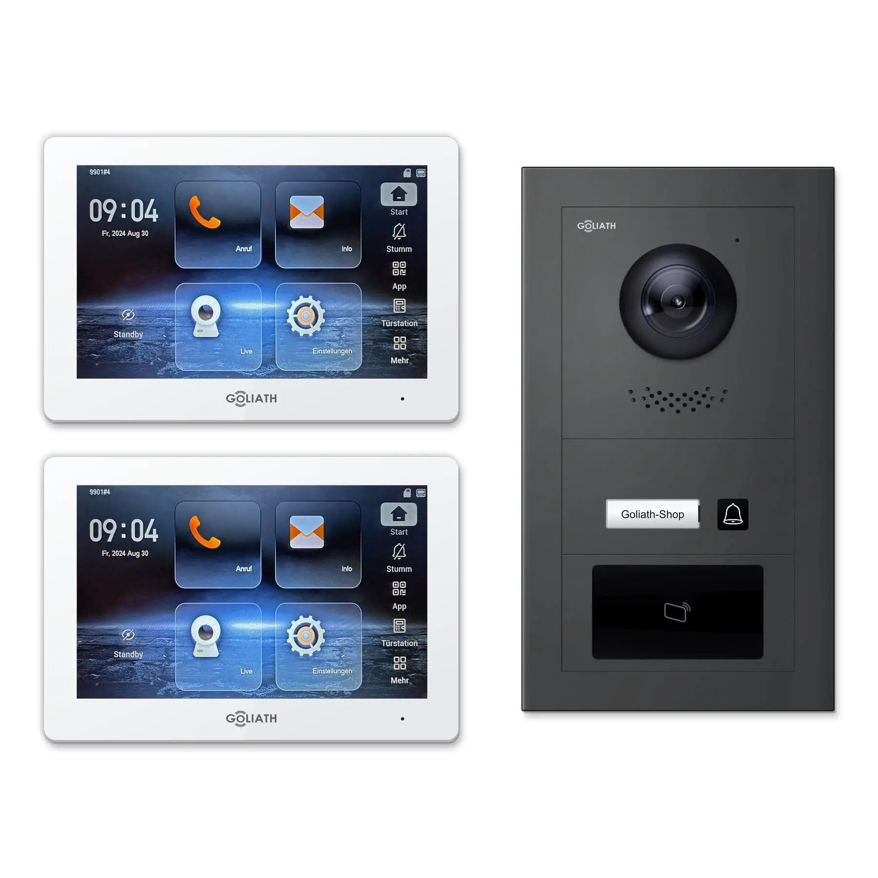 Goliath Video Türsprechanlage GL-IPH116A für 1-Familienhaus: 2 Monitore mit 7 Zoll in Weiß, Außenstation in Anthrazit mit 1 Klingeltaste sowie RFID. Set für Unterputzmontage.