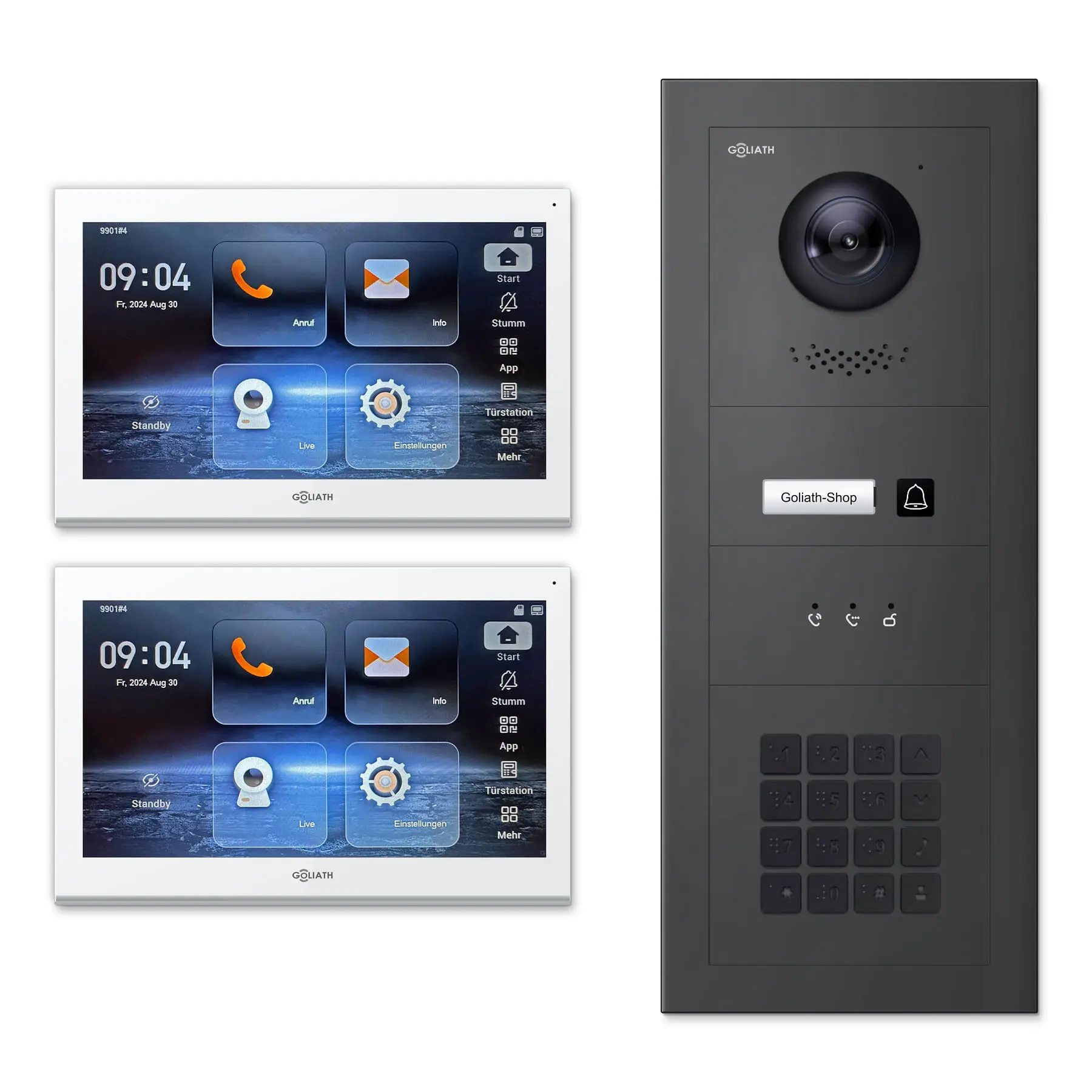 Goliath Video Türsprechanlage GL-IPH121A.2 für 1-Familienhaus: 2 Monitore mit 10 Zoll in Weiß, Außenstation in Anthrazit mit 1 Klingeltaste sowie Statusanzeige, Zahlencode. Set für Aufputzmontage.
