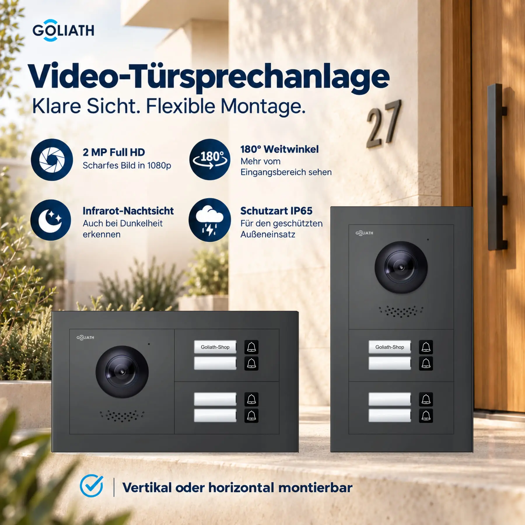 Anthrazitfarbene Premium-IP-Außenstation mit 4 Klingeltasten, horizontal und vertikal dargestellt