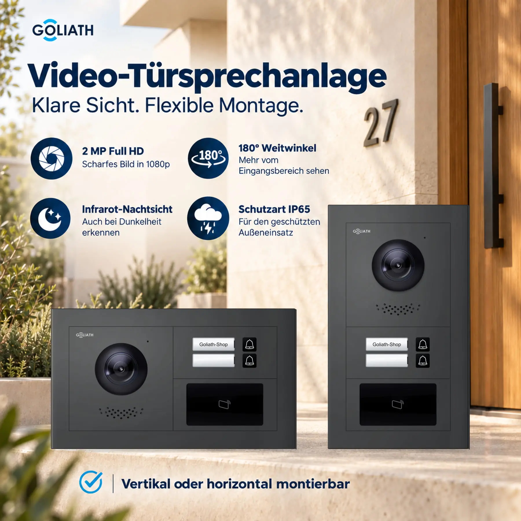 Goliath Premium-Line-Außenstation in Anthrazit mit Kamera, 2 Klingeltasten und RFID-Leser. Senkrechte und waagerechte Anordnung auf Naturstein.