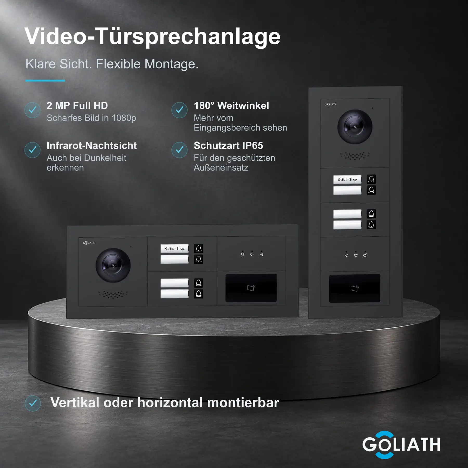Goliath Premium-Line-Außenstation in Anthrazit mit Kamera, 4 Klingeltasten, RFID-Leser und Feedback-Anzeige. Senkrechte und waagerechte Anordnung auf Naturstein.