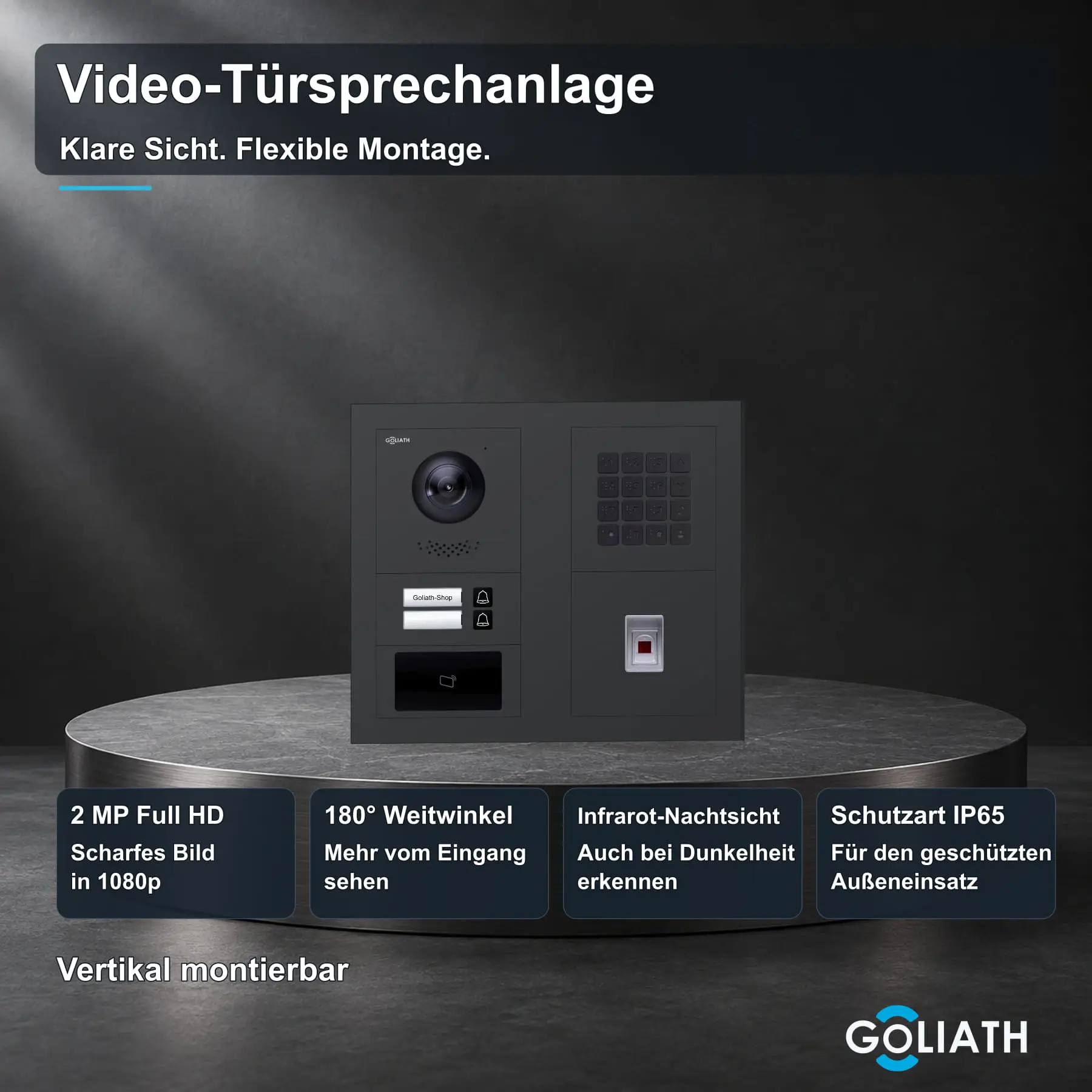 Goliath Außenstation in Anthrazit mit 2 Klingeltasten, Fingerprint, Zahlencode und RFID. Originalmodule in zwei Spalten; 2 MP Full HD, 180° Blickwinkel, Infrarot-Nachtsicht und IP65.