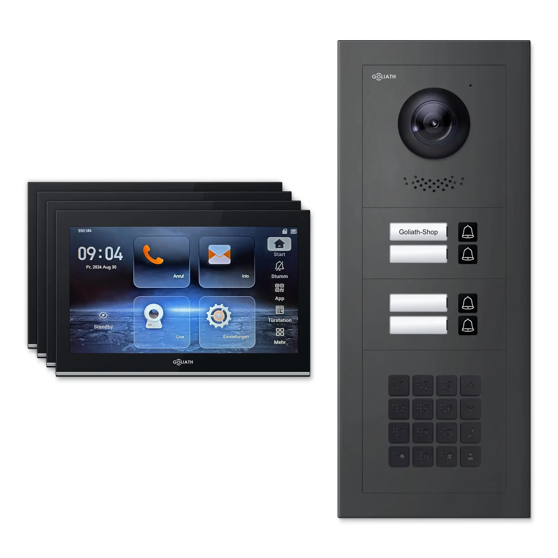Goliath Video Türsprechanlage GL-IPH420A.3 für 4-Familienhaus: 4 Monitore mit 10 Zoll in Schwarz, Außenstation in Anthrazit mit 4 Klingeltasten sowie Zahlencode. Set für Aufputzmontage.