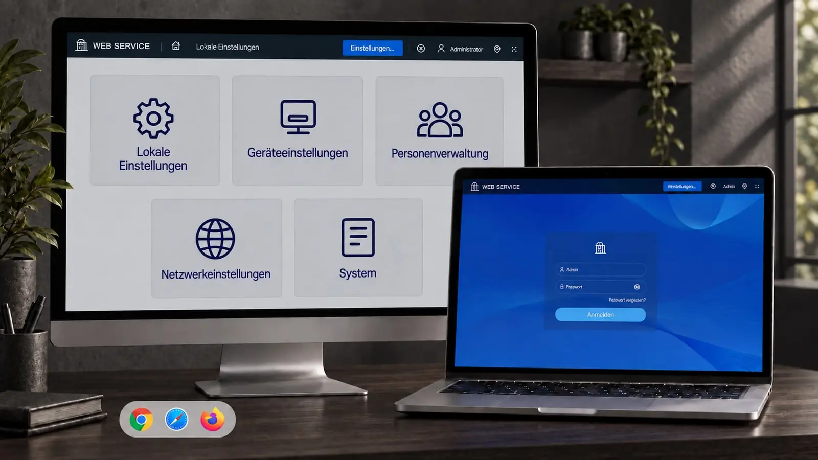 Computer und Notebook mit Goliath Webinterface und Browserlogos auf einem dunklen Schreibtisch