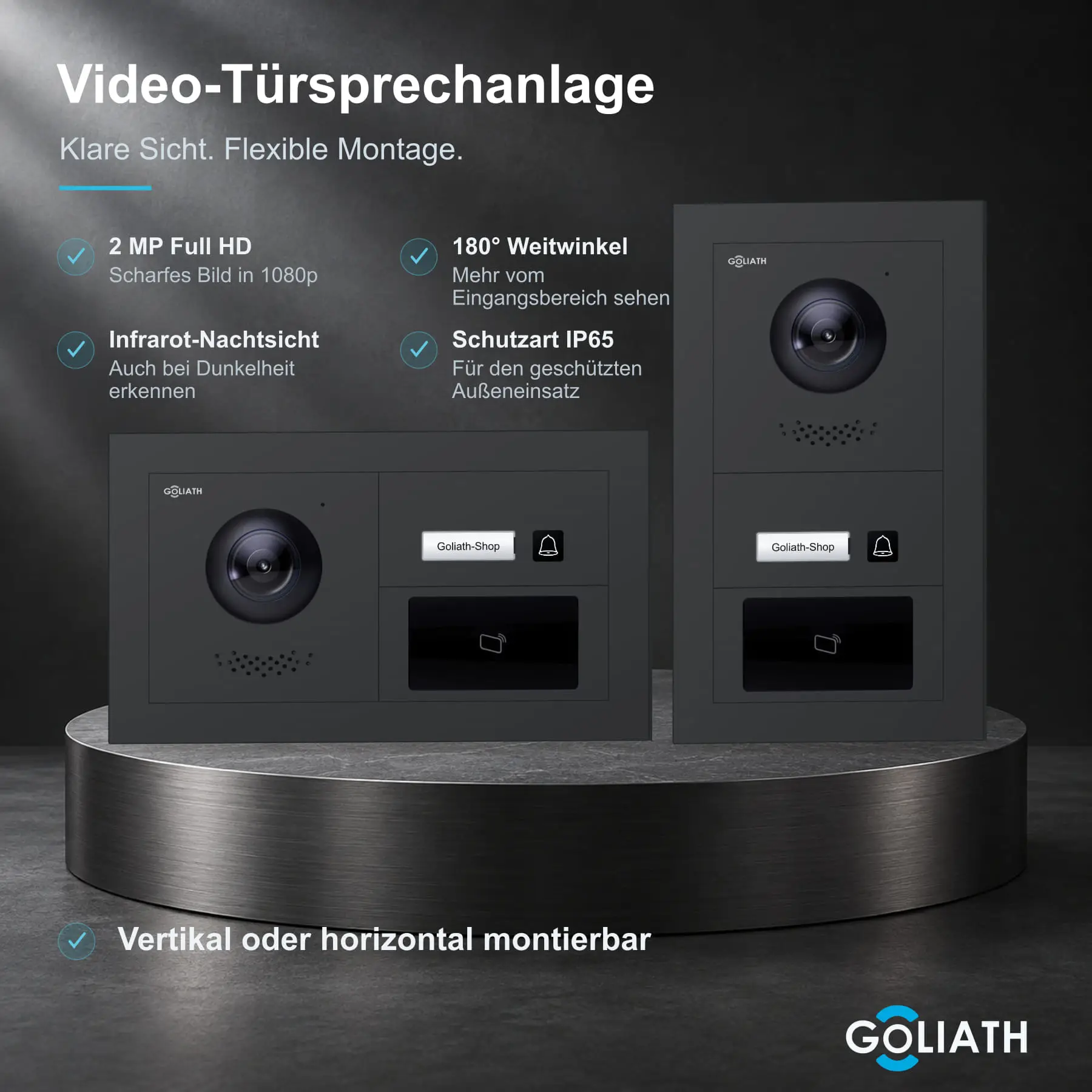 Goliath Premium-Line-Außenstation in Anthrazit mit Kamera, 1 Klingeltaste und RFID-Leser. Senkrechte und waagerechte Anordnung auf Naturstein.