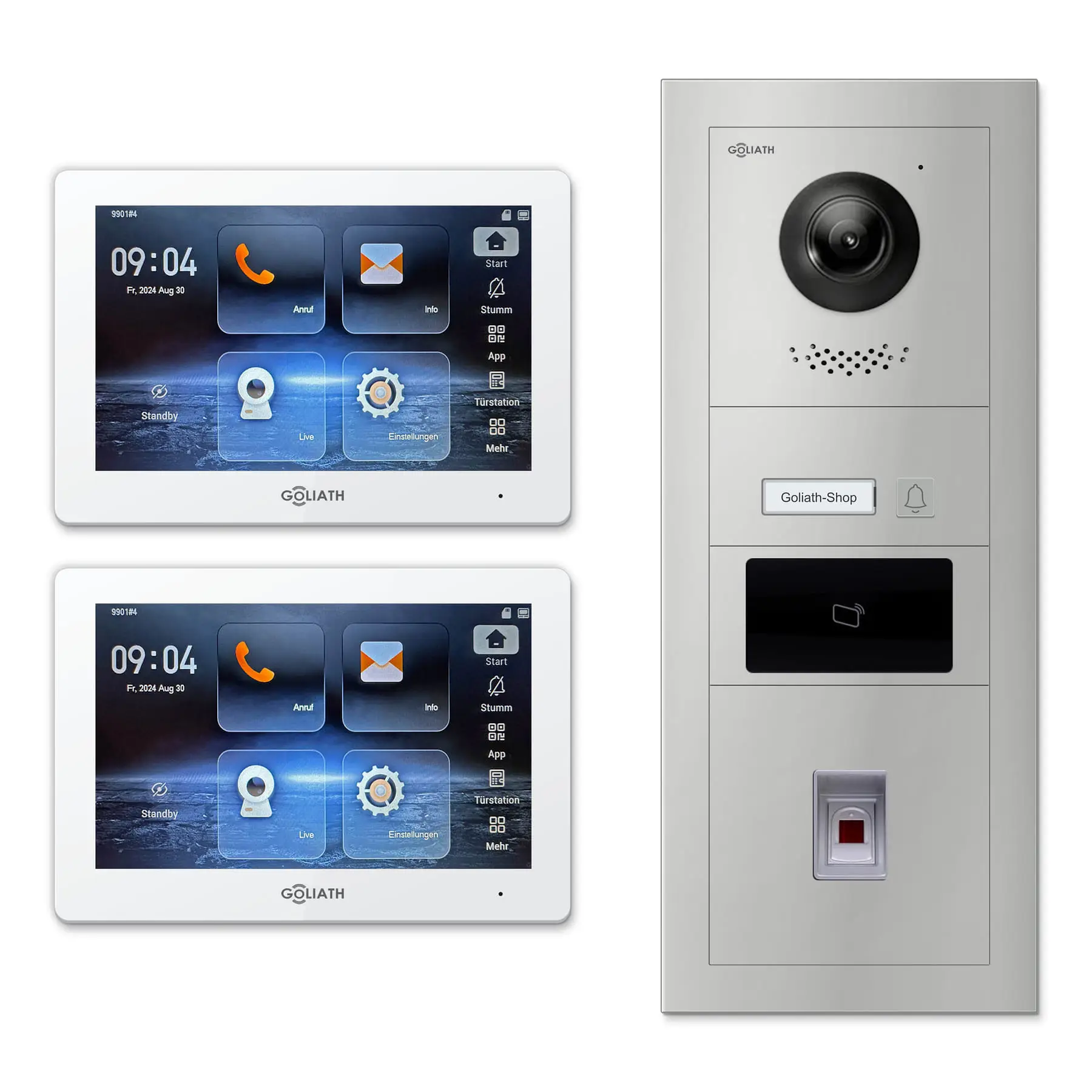 Goliath Video Türsprechanlage GL-IPH146 für 1-Familienhaus: 2 Monitore mit 7 Zoll in Weiß, Außenstation in Silber mit 1 Klingeltaste sowie RFID, Fingerprint. Set für Unterputzmontage.