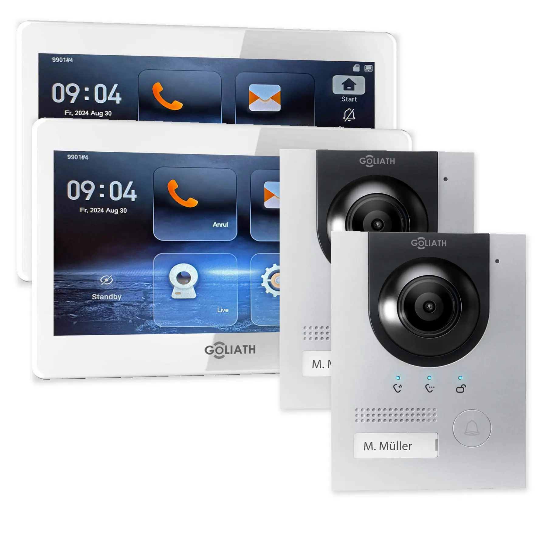 Goliath IP-Set mit zwei silbernen Kompakt-Außenstationen und 2 weißen 7-Zoll-Innenmonitoren.
