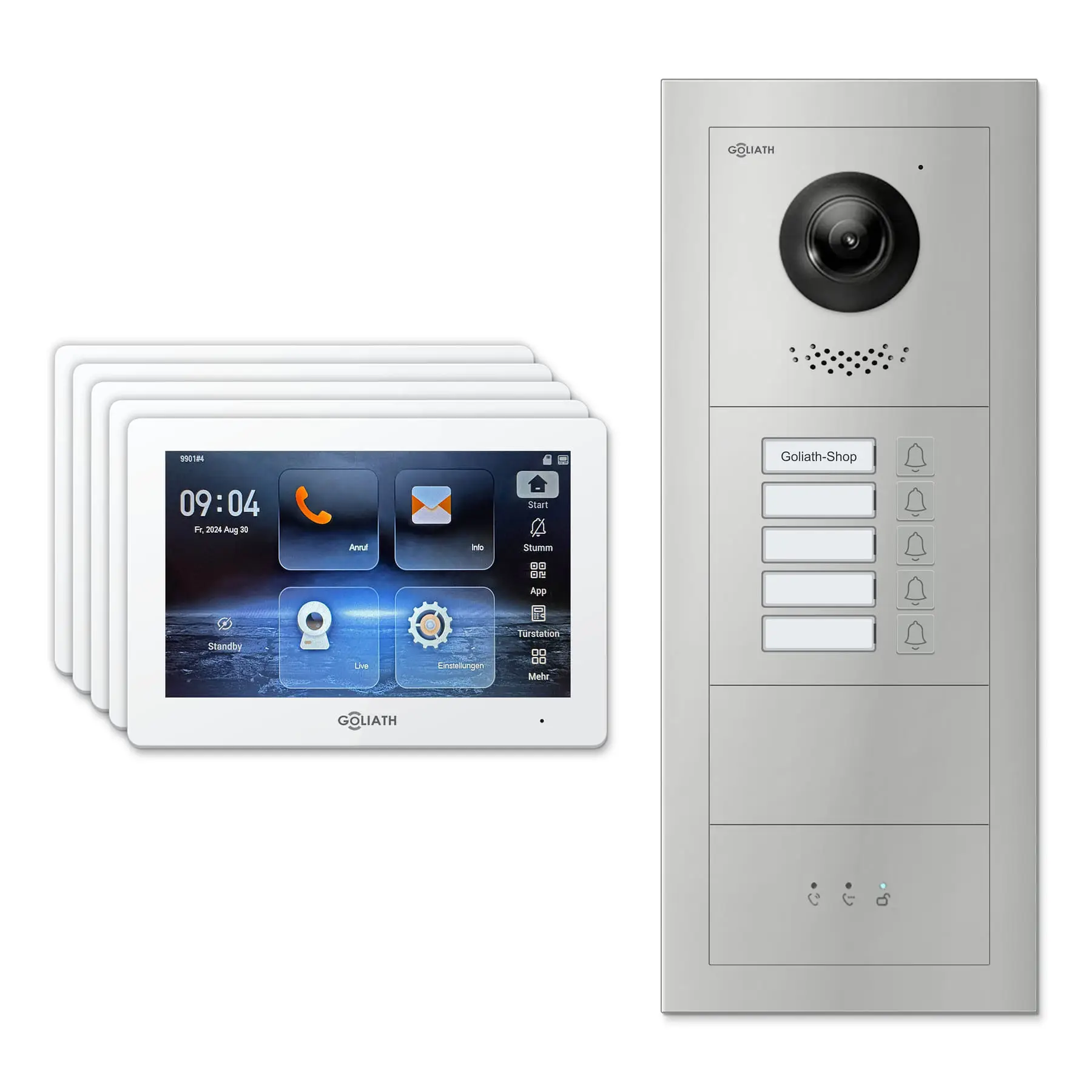 Goliath Türsprechanlage mit Kamera GL-HB540 für 5-Familienhaus: 5 Monitore mit 7 Zoll in Weiß, Außenstation in Silber mit 5 Klingeltasten sowie Statusanzeige. Set für Unterputzmontage.
