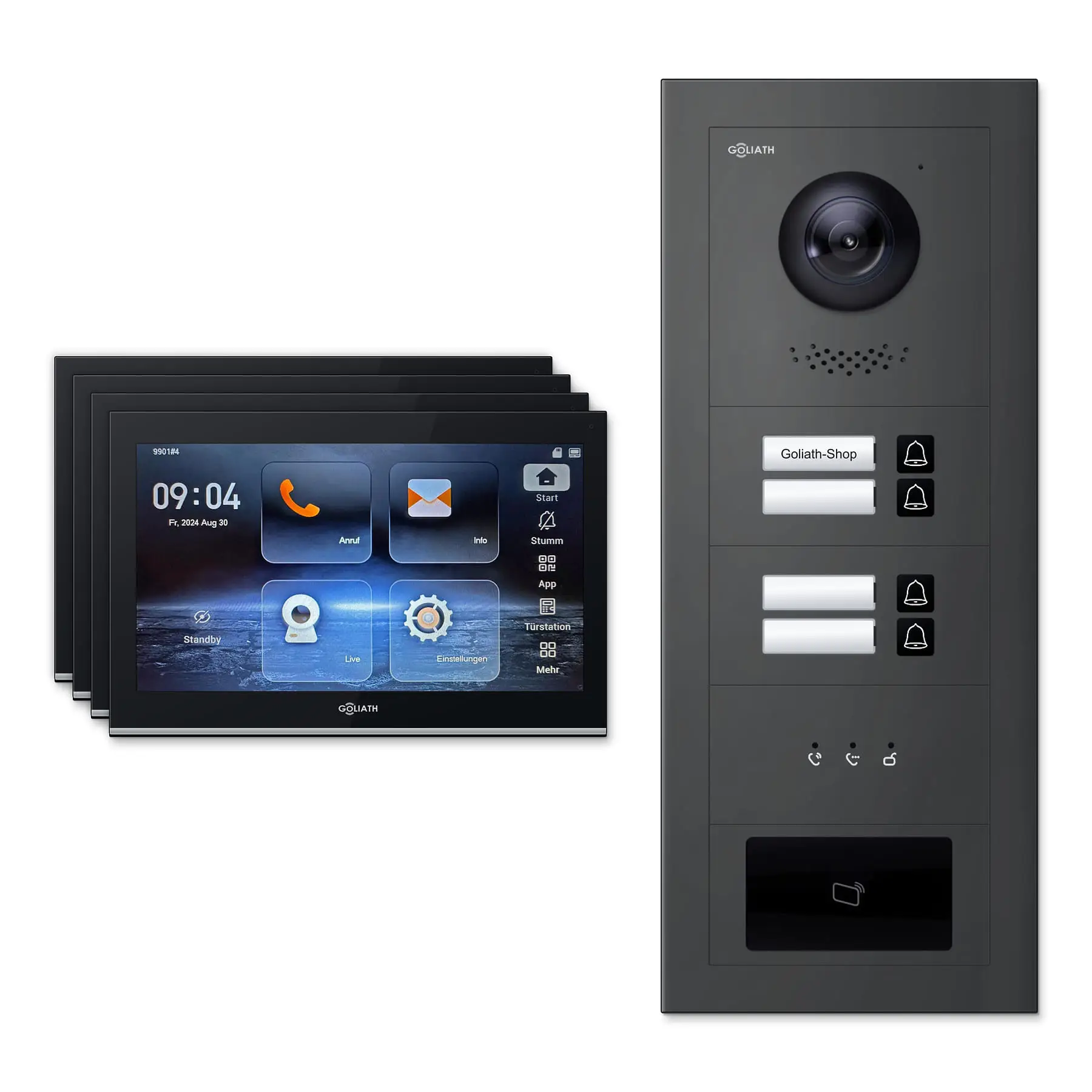 Goliath Video Türsprechanlage GL-IPH410A.3 für 4-Familienhaus: 4 Monitore mit 10 Zoll in Schwarz, Außenstation in Anthrazit mit 4 Klingeltasten sowie Statusanzeige, RFID. Set für Aufputzmontage.