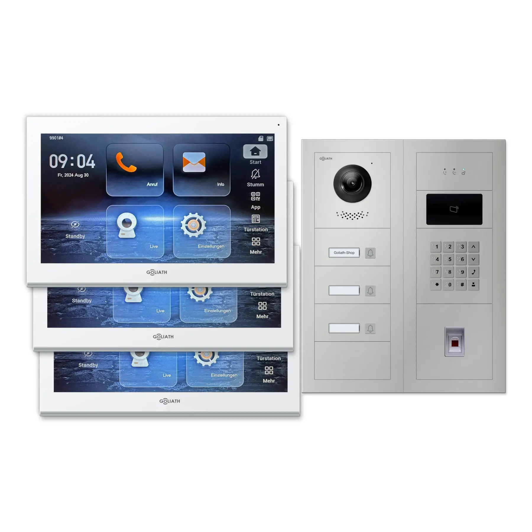 Modulare Goliath Außenstation in silber mit 3 Klingeltasten, Fingerprint, Zahlencode und RFID sowie Feedback-Modul und 3 10-Zoll-Innenmonitoren in Weiß.